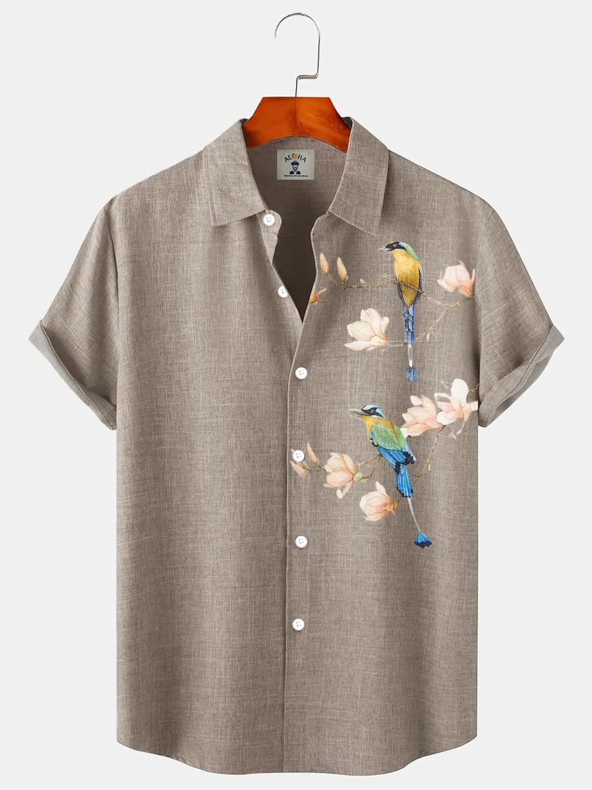 Men's Parrot Bird Plum Blossom Print Pocket Casual Hawaiian Loose Short Sleeve Shirt-Garamode