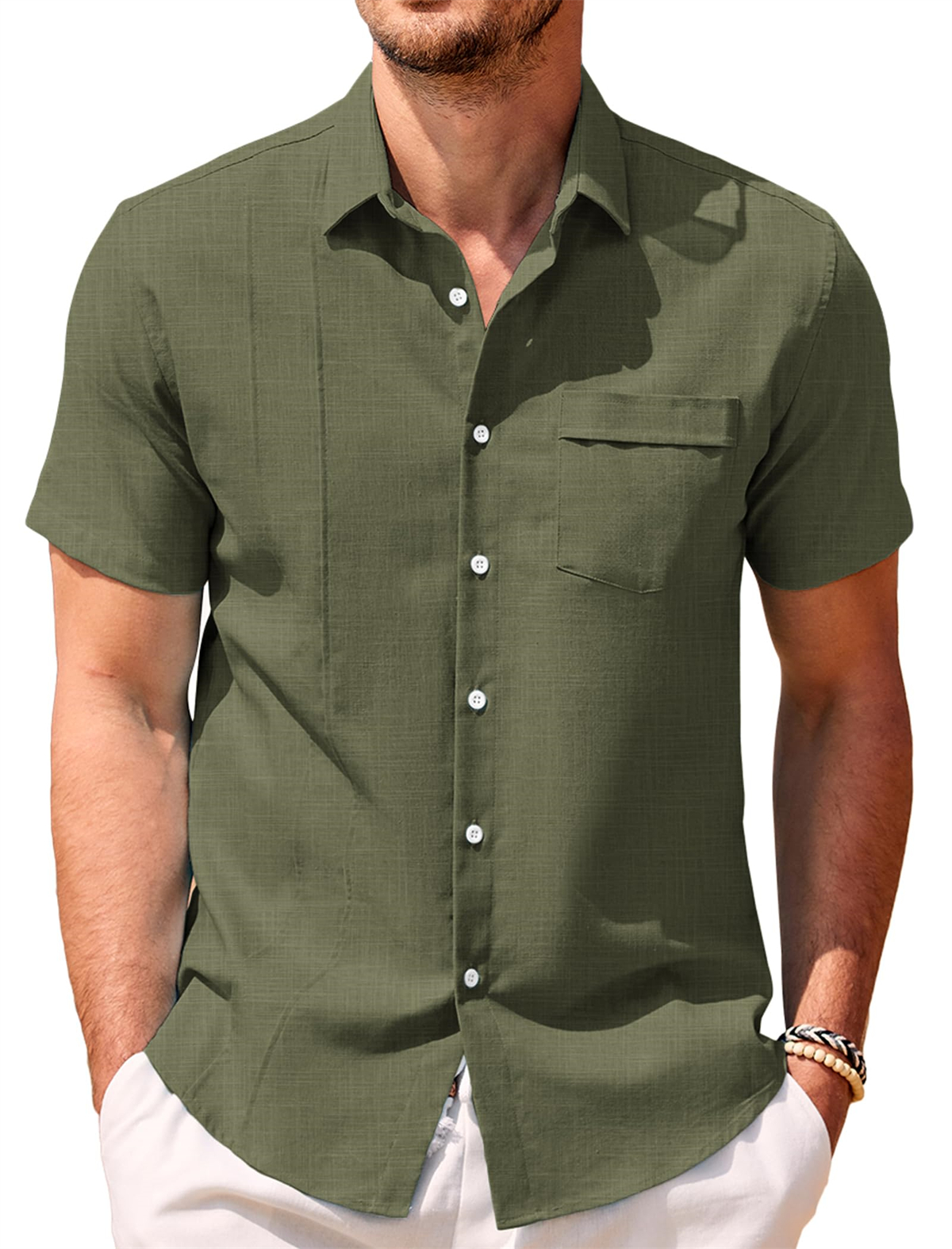 Men's Cotton Linen Ruched Pocket Casual Solid Color Basic Classic Short Sleeve Shirt-Garamode