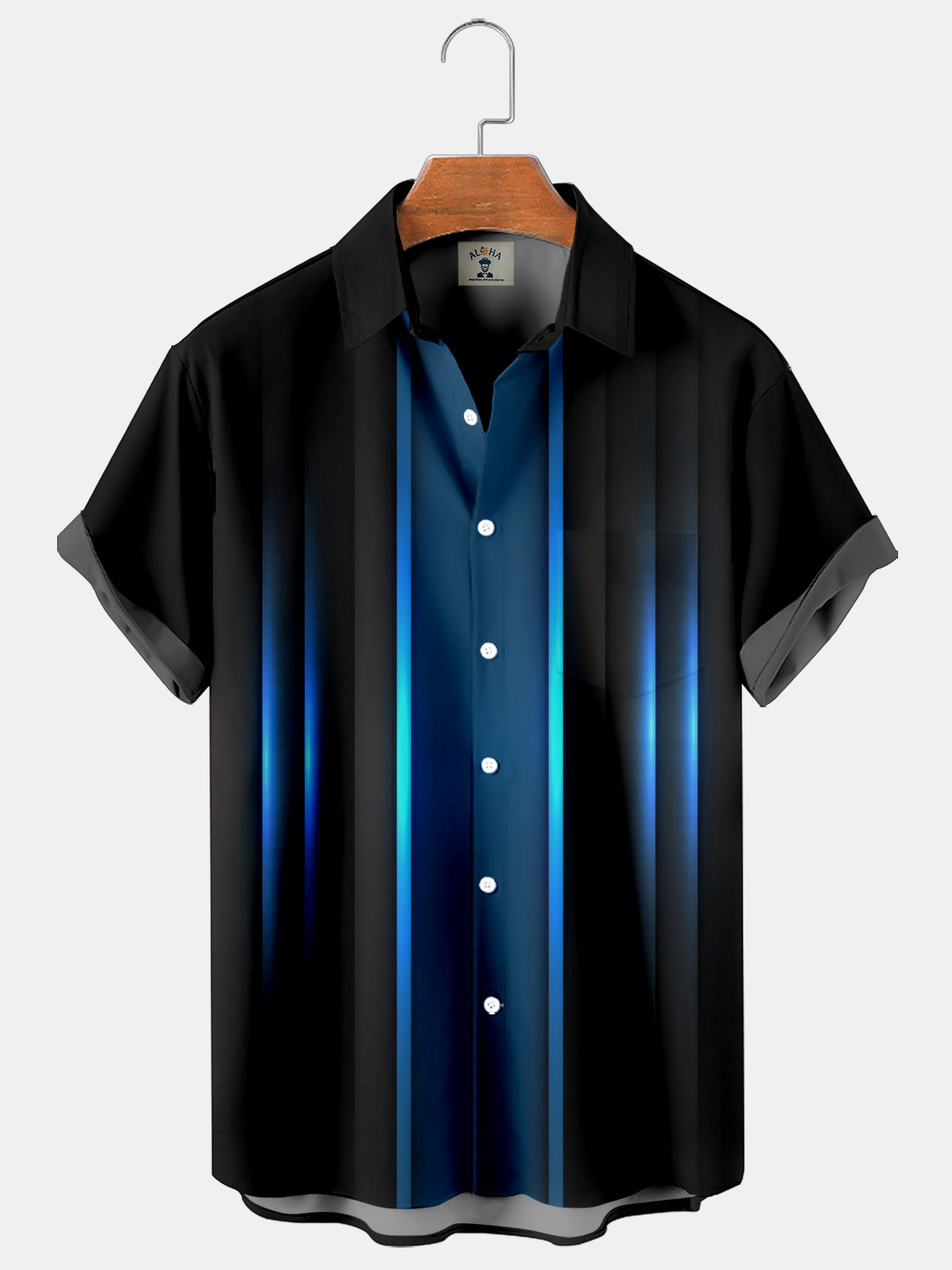 Gradient Stripe Print Pocket Short Sleeve Bowling Shirt-Garamode