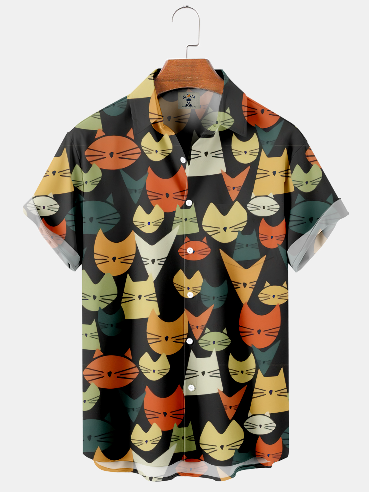 Men's Hawaiian Fun Geometric Cat Head Print Short Sleeve Shirt-Garamode