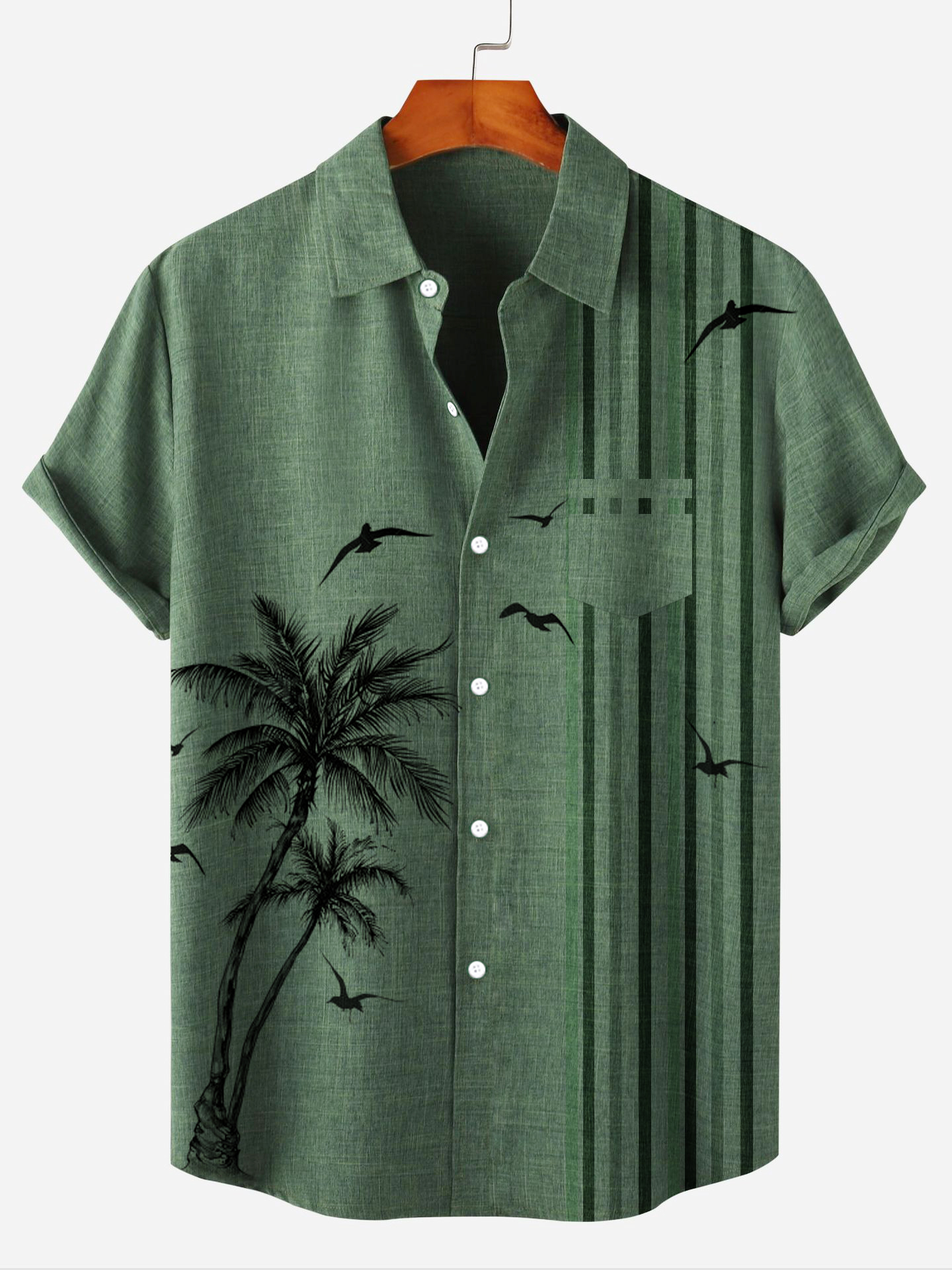 Men's Palm Tree Bird Stripe Contrast Pocket Casual Short Sleeve Shirt-Garamode