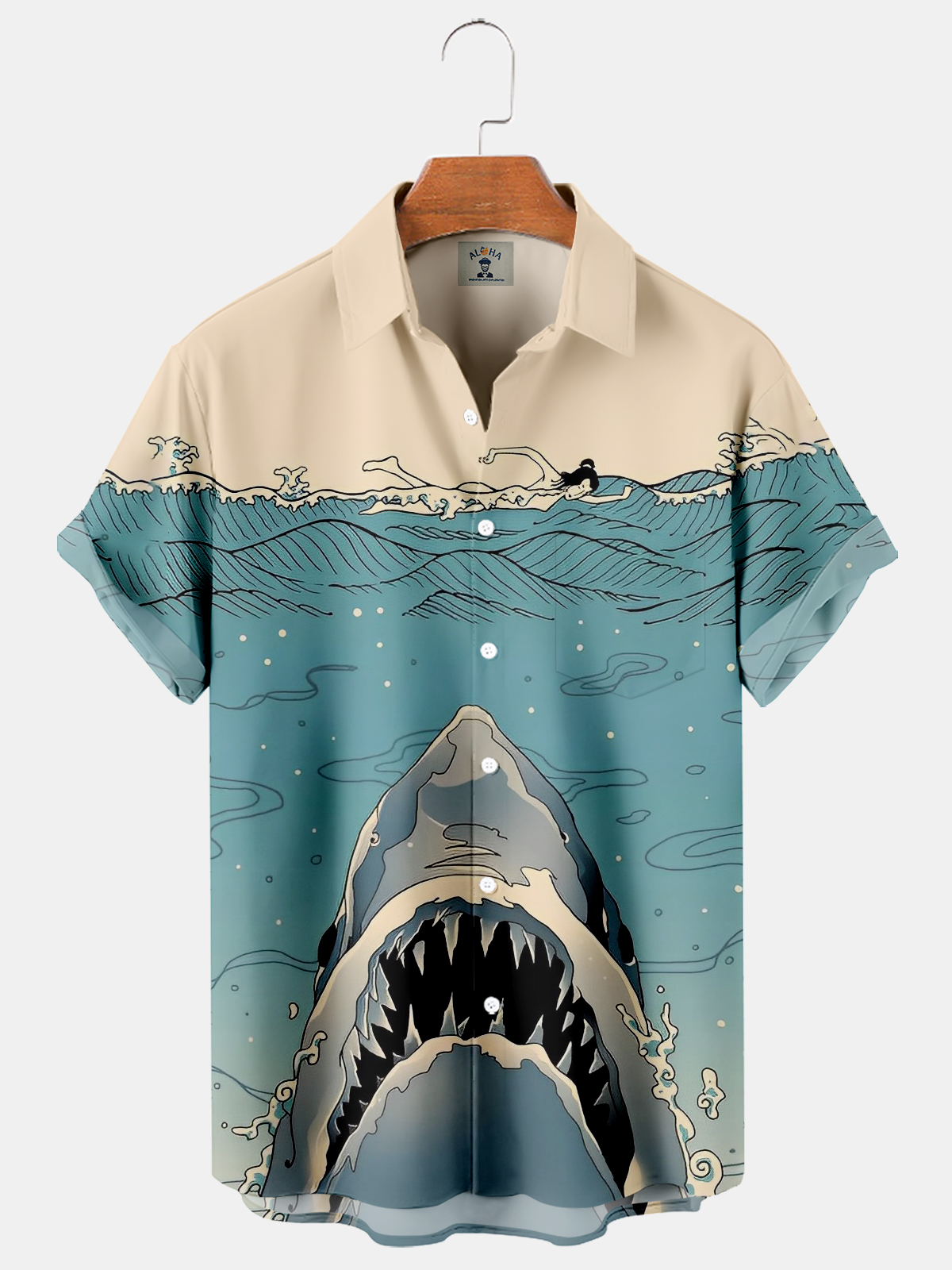 Japanese Ukiyo-e Shark Pocket Short Sleeve Hawaiian Shirt-Garamode