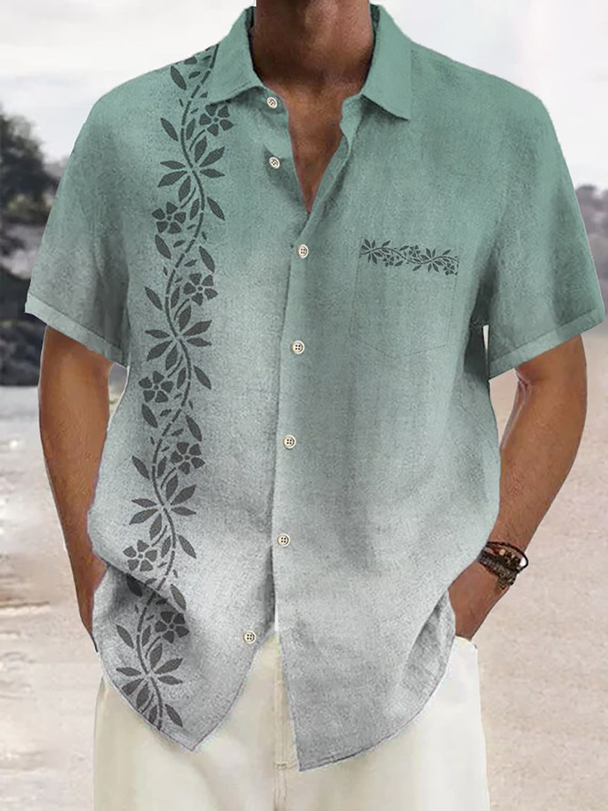 Hawaiian Beach Gradient Floral Print Pocket Short Sleeve Shirt-Garamode