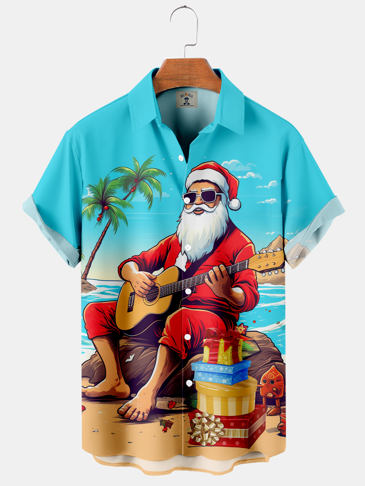 Men's Christmas Fun Santa Claus Seaside Playing Guitar Print Short Sleeve Shirt-Garamode