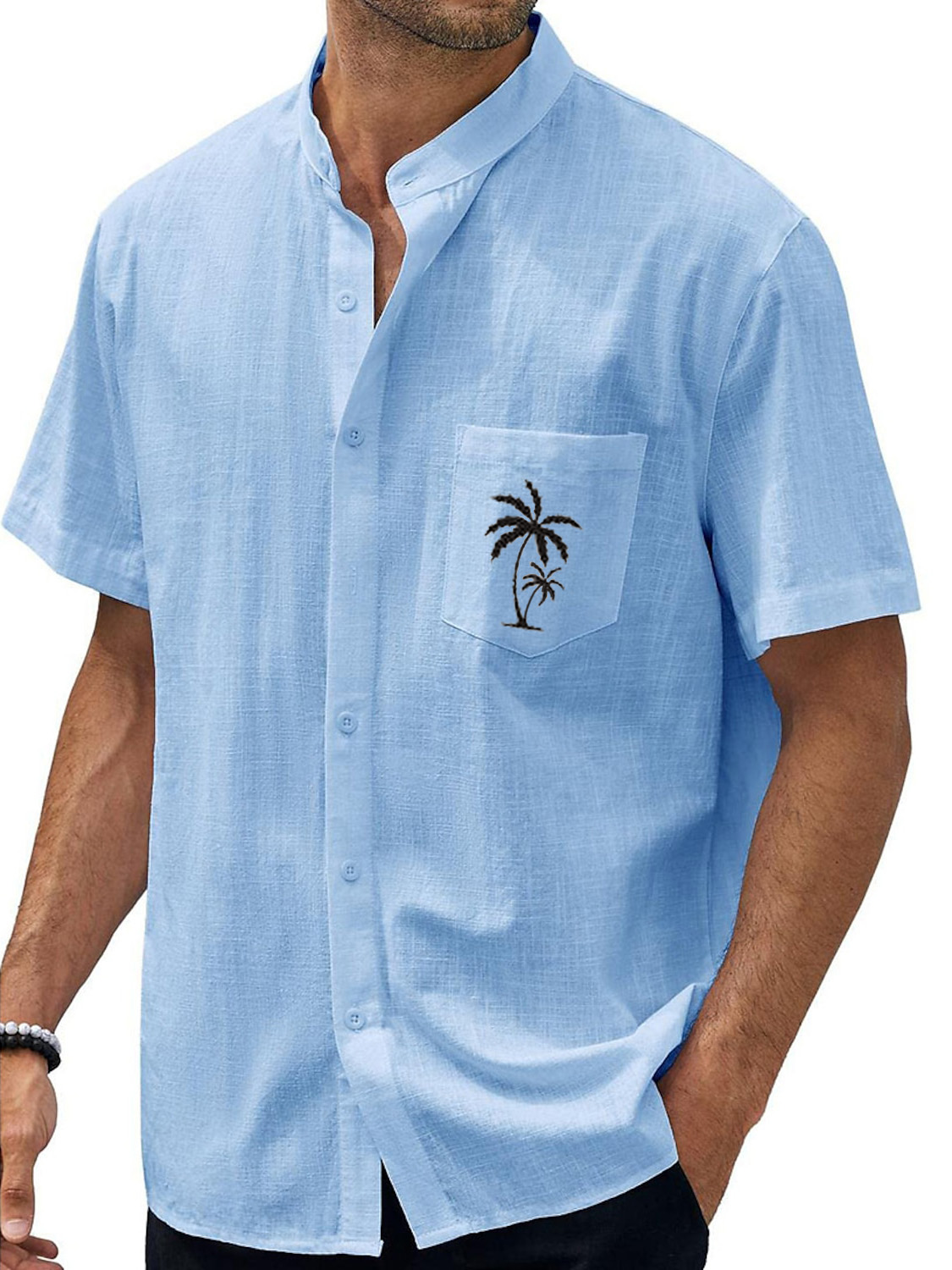 Hawaiian Coconut Stand Collar Print Pocket Short Sleeve Shirt-Garamode
