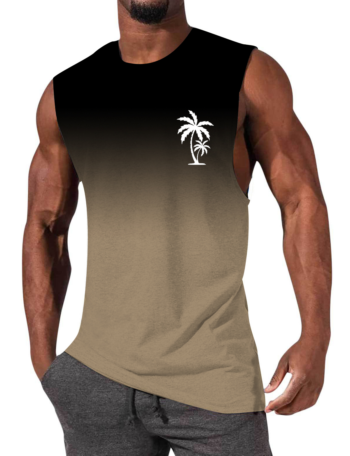 Men's Gradient Color Palm Tree Hawaiian Print Comfort Casual Sleeveless T-Shirt-Garamode