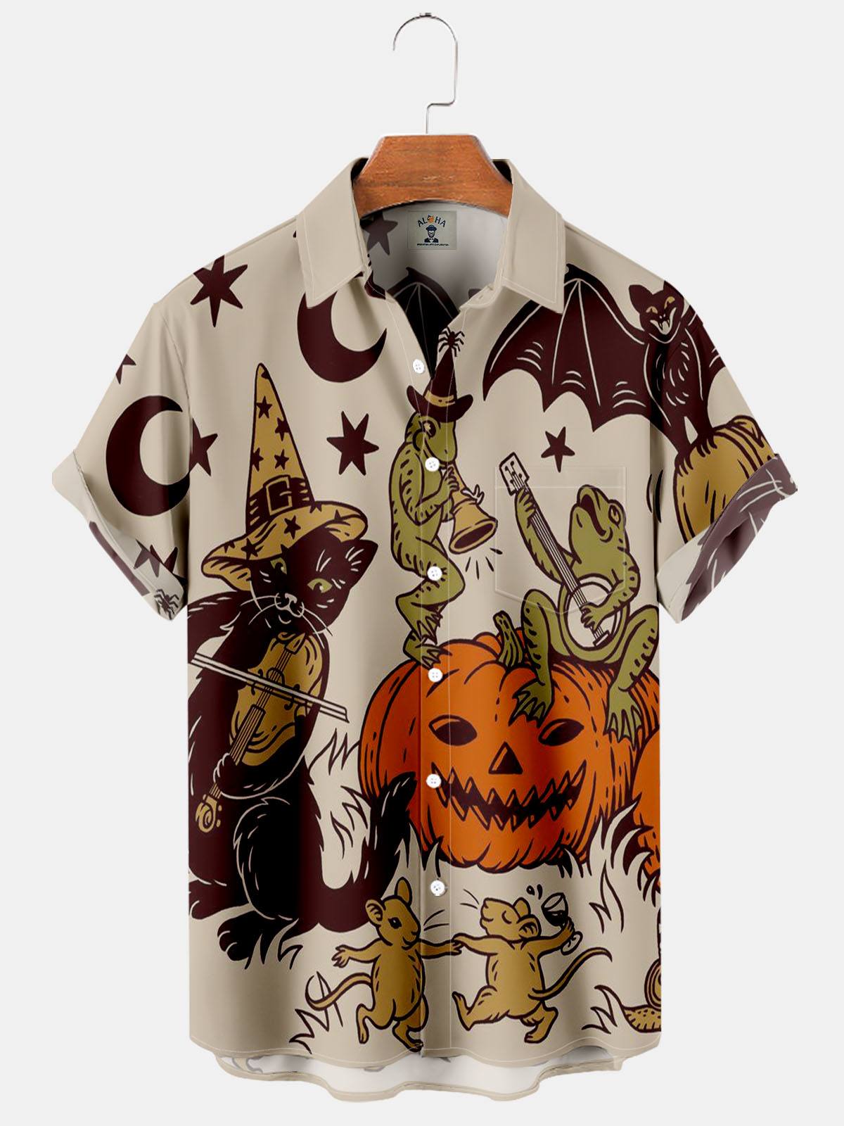 Halloween Fun Musical Cat Print Pocket Short Sleeve Shirt-Garamode