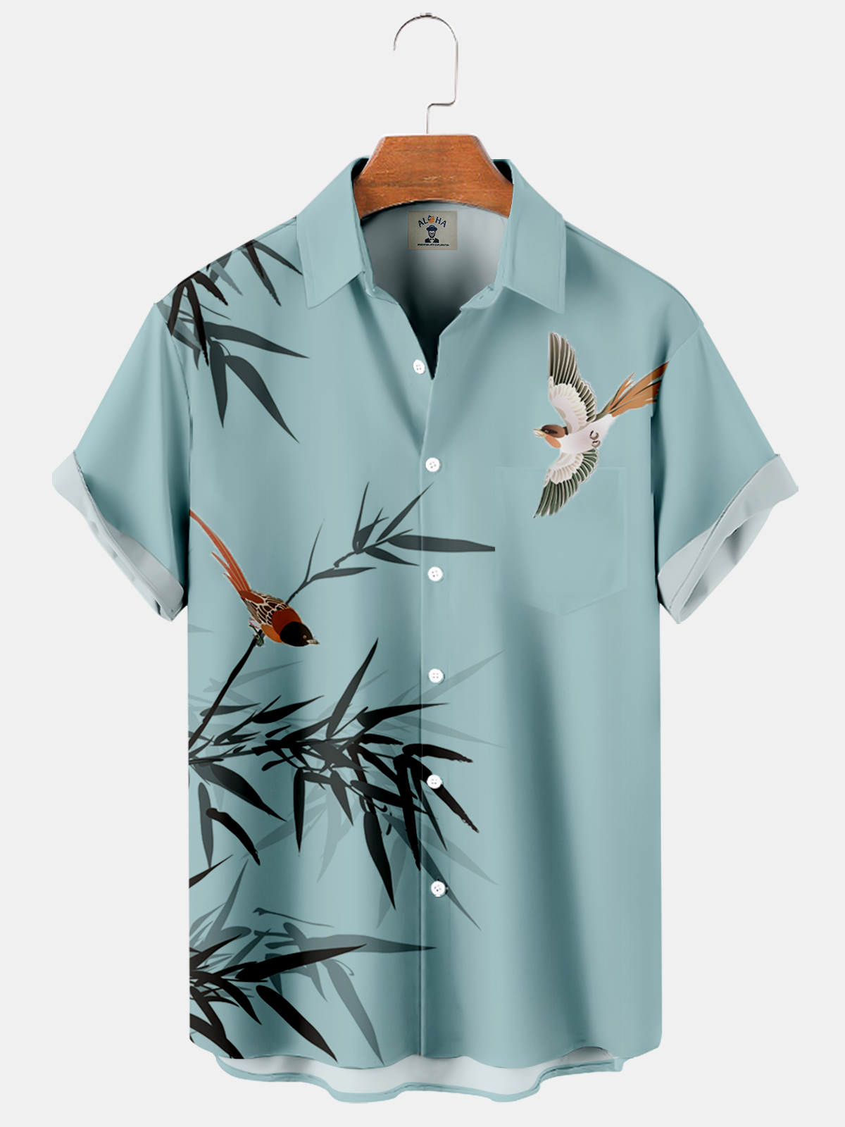 Men's Simple Hawaiian Bamboo Bird Print Pocket Casual Shirt-Garamode