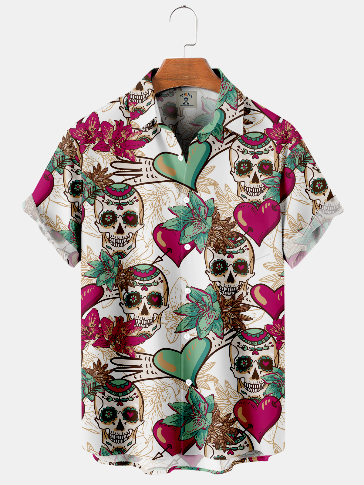 Men's Floral Skull Heart Print Short Sleeve Shirt-Garamode