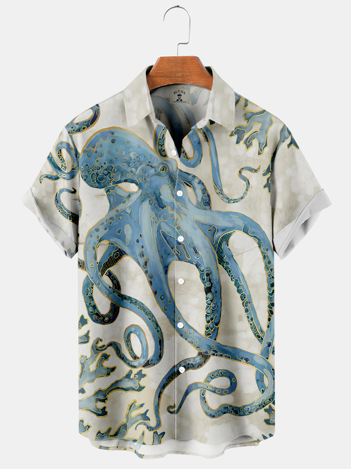 Men's Hawaiian Deep Sea Octopus And Seaweed Print Short Sleeve Shirt-Garamode