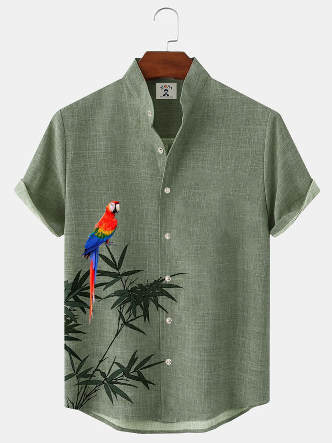Hawaiian Holiday Bamboo Parrot Print Stand Collar Short Sleeve Shirt-Garamode