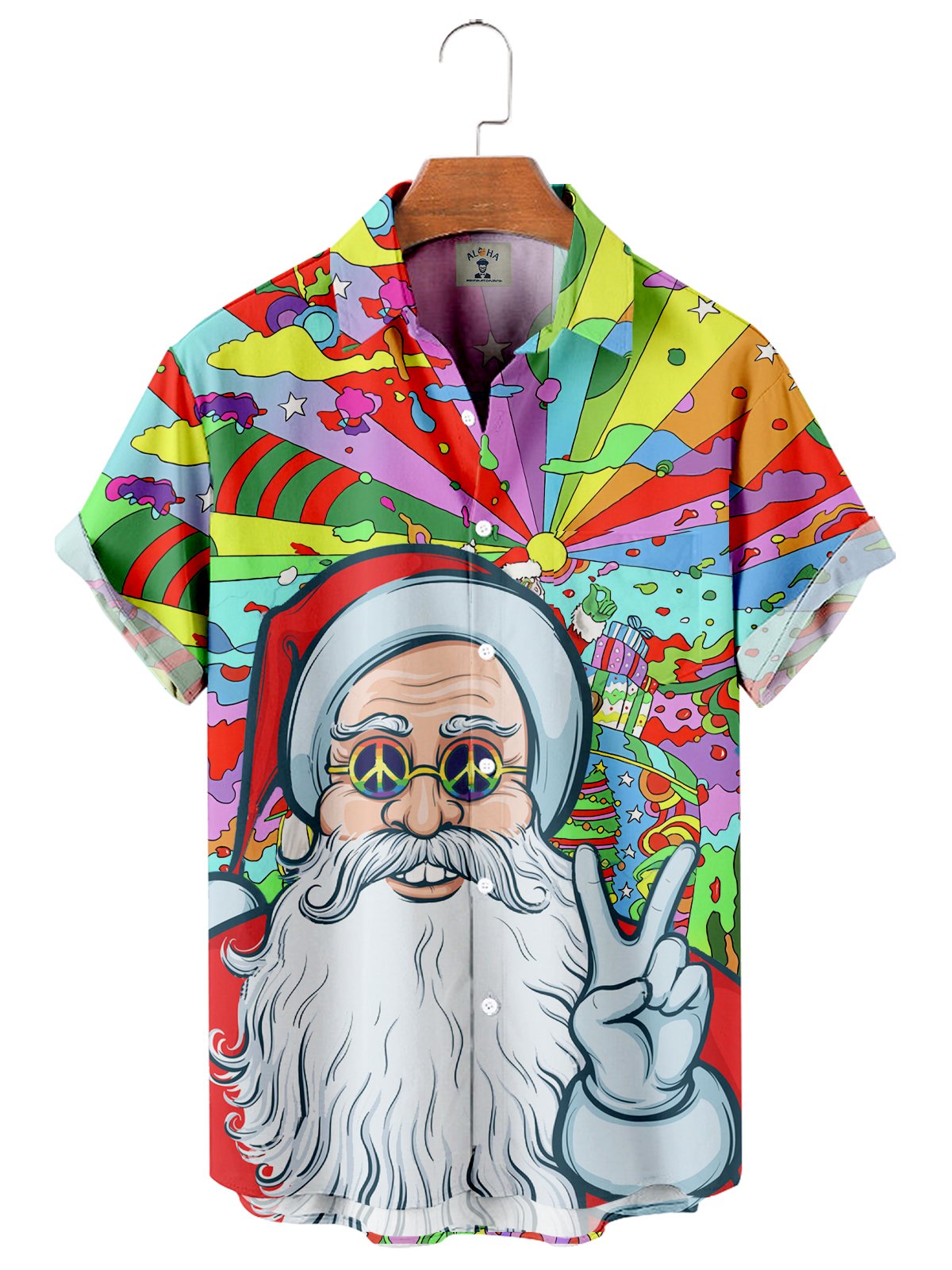 Men's Christmas Rainbow Hippie Santa Print Short Sleeve Shirt-Garamode