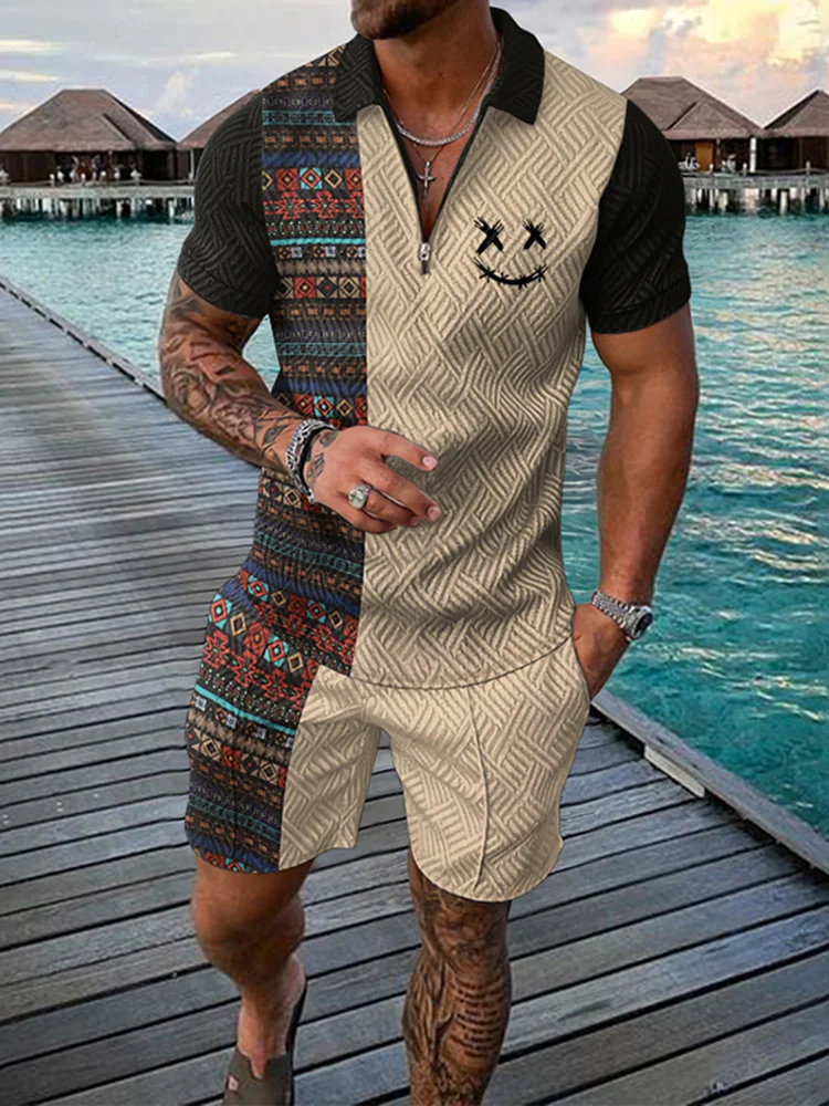 Men's Fashion Sale Stitching Printed Polo Shirt Shorts Set-Garamode