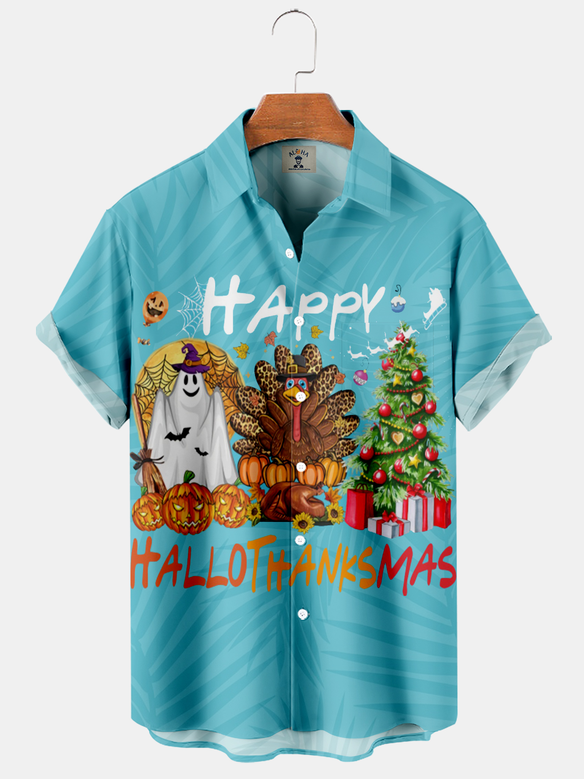Men's Hallotanksmas Hawaiian Holiday Print Casual Loose Short Sleeve Shirt-Garamode