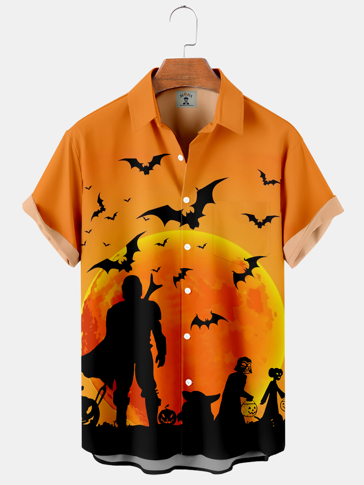 Men's Halloween Pumpkin and Hero Print Casual Loose Oversized Short Sleeve Shirt-Garamode