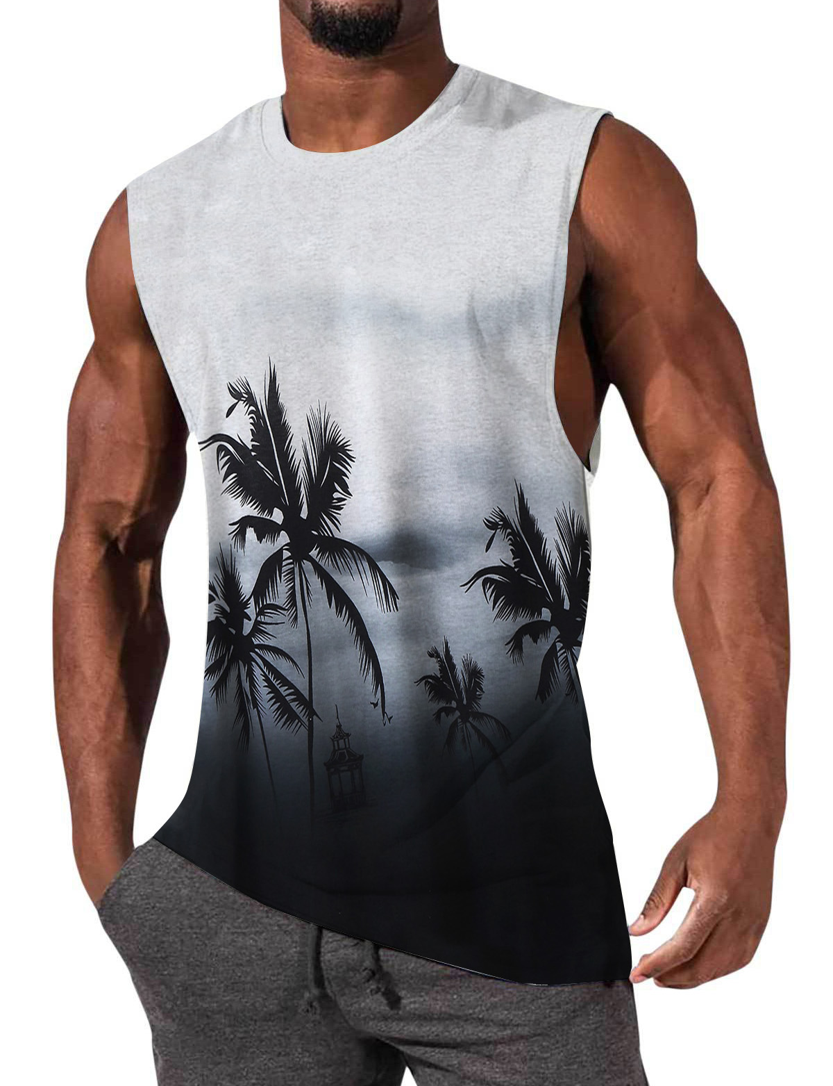 Men's Hawaiian Palm Print Sleeveless T-Shirt-Garamode
