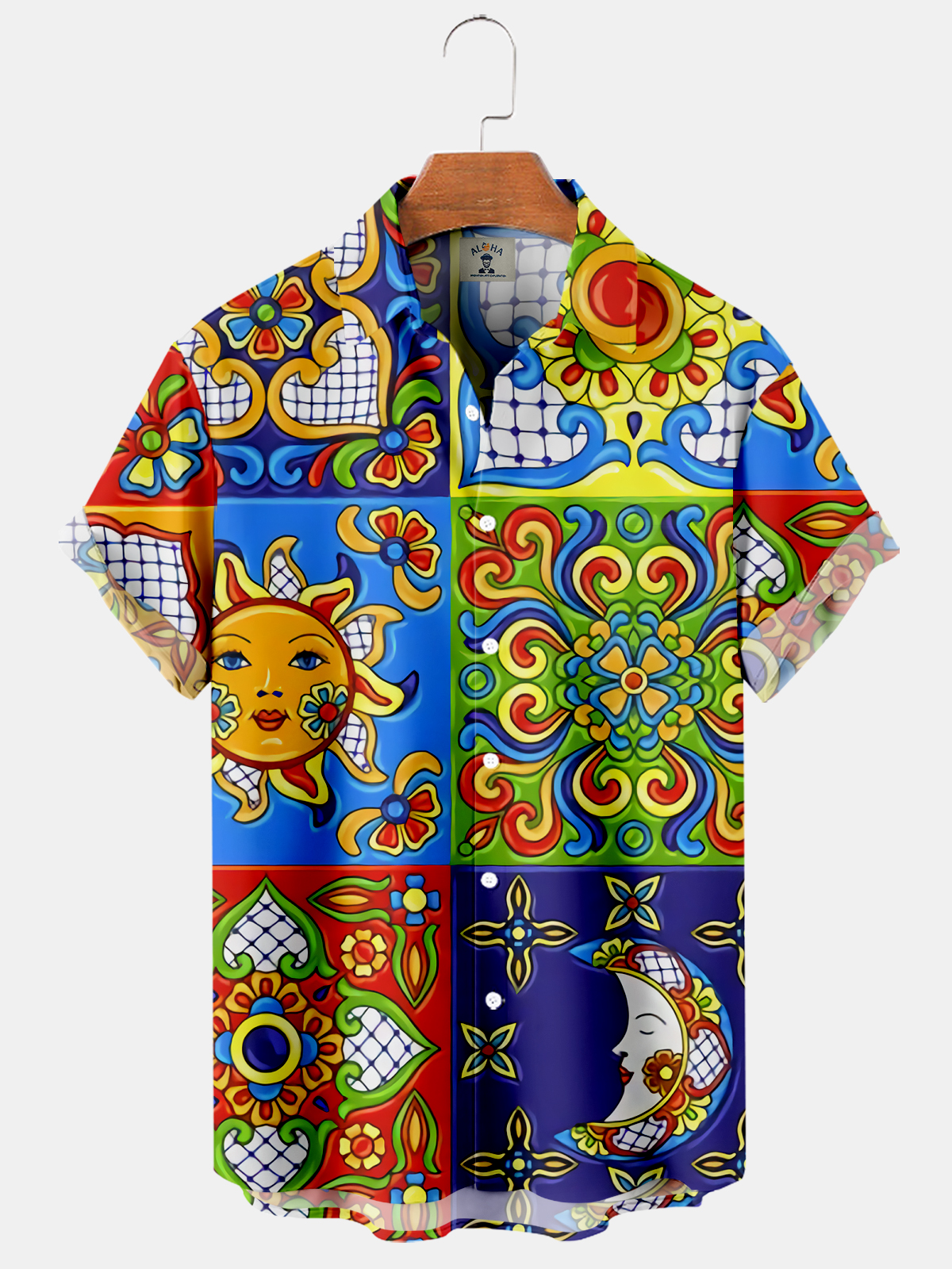 Men's Traditional Talavera Sun Print Pocket Hawaiian Short Sleeve Shirt-Garamode