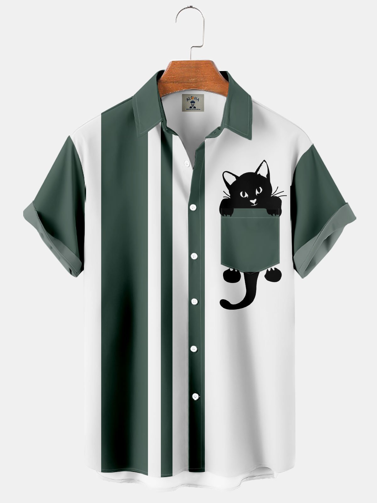 Cartoon Fun Cat Print Pocket Short Sleeve Shirt-Garamode