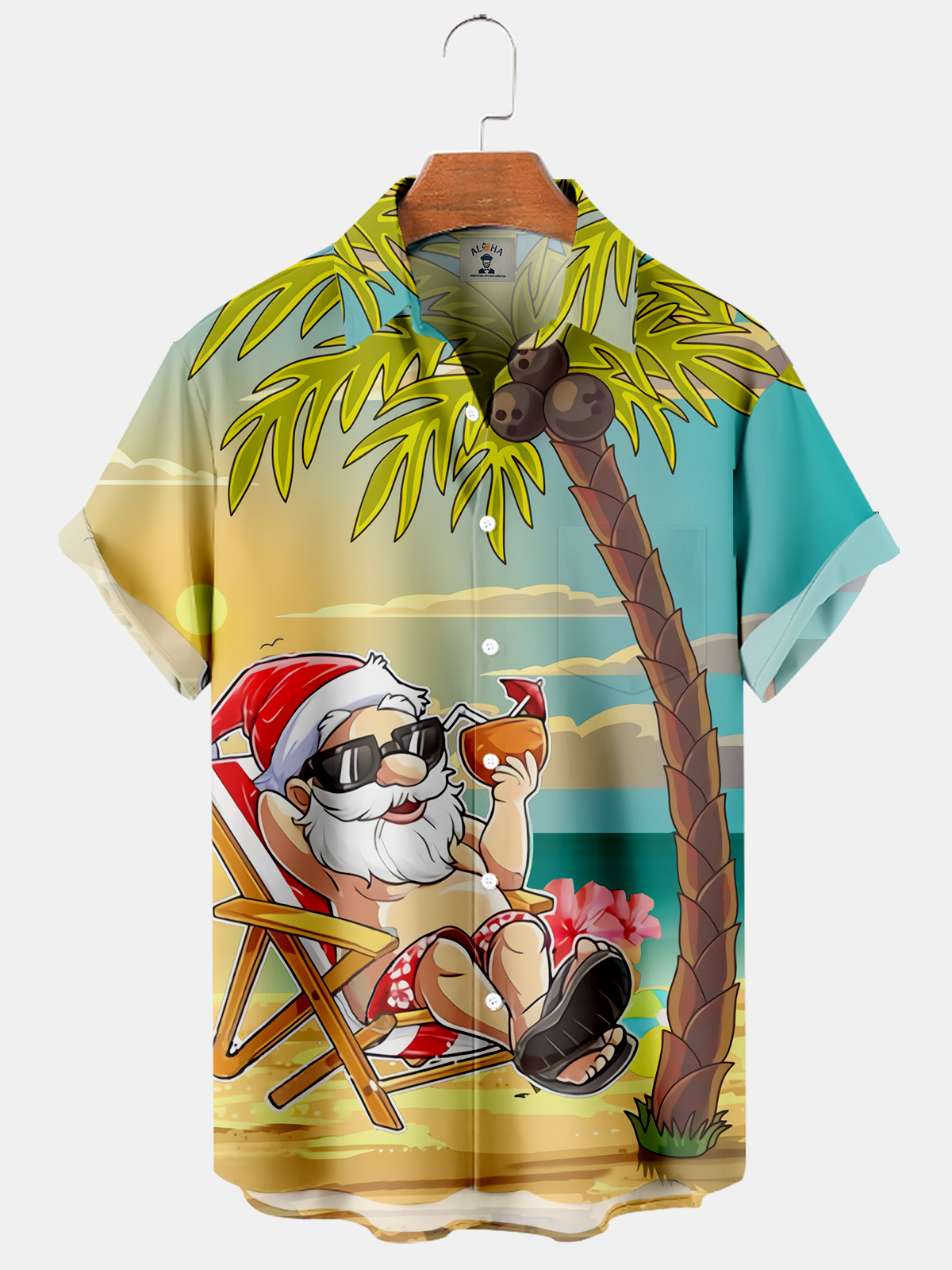Men's Christmas Hawaiian Santa Print Casual Short Sleeve Shirt-Garamode