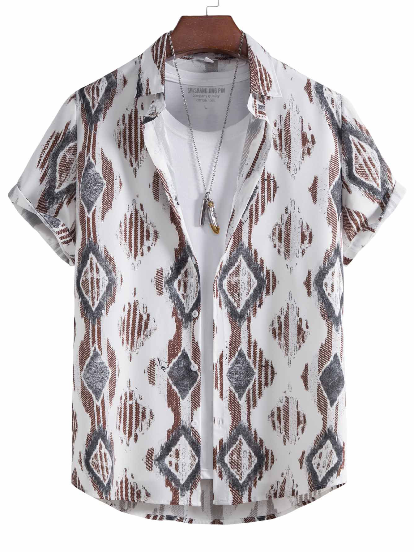 Men's Geometric Stripe Vintage Print Short Sleeve Shirt-Garamode