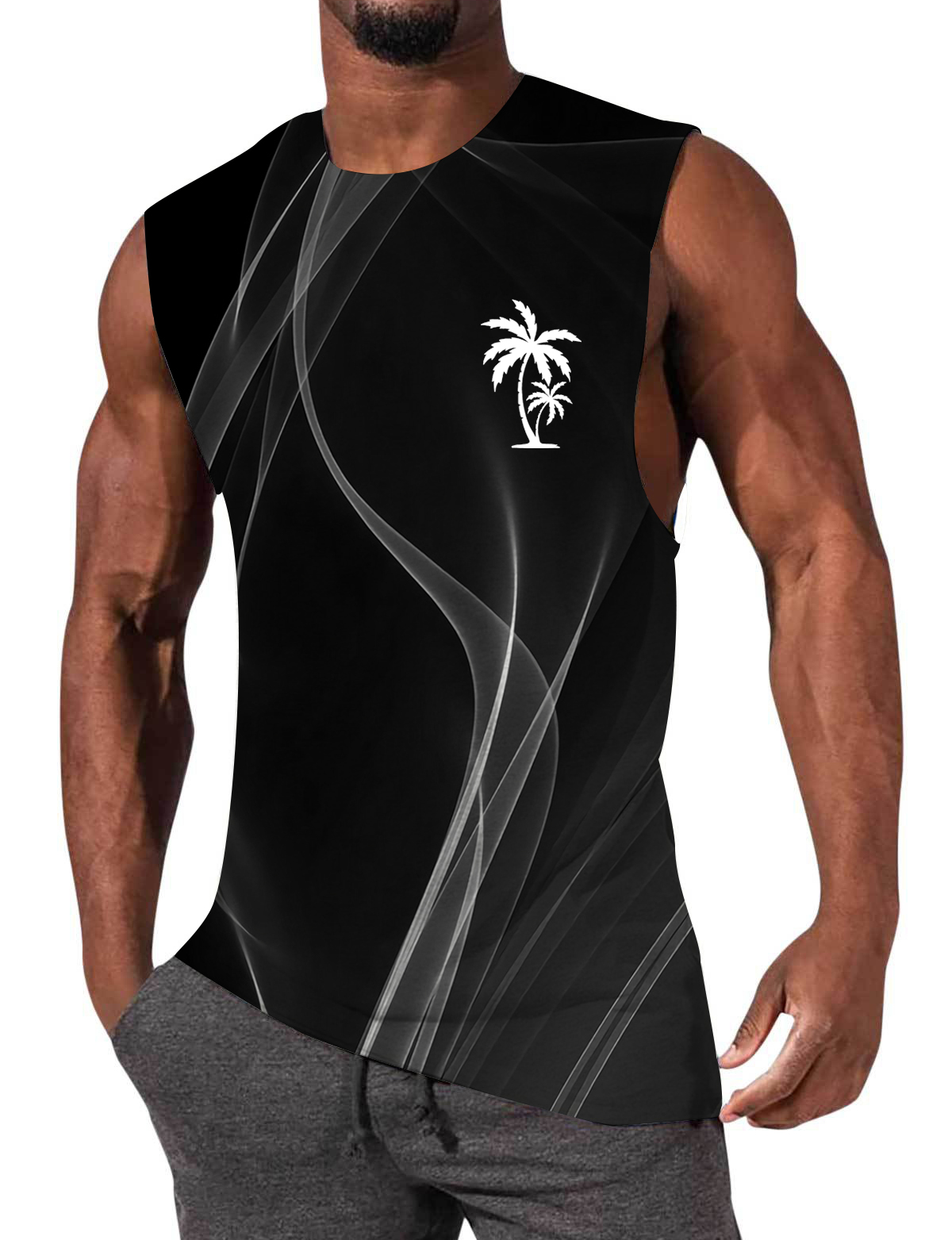 Men's Palm Tree Gradient Print Hawaiian Comfort Casual Sleeveless T-Shirt-Garamode