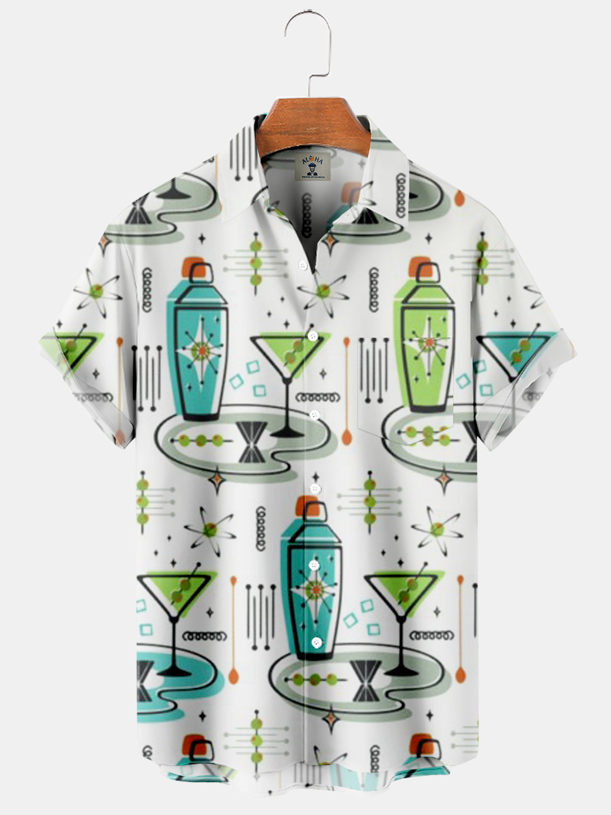 Men's Atomic Martinis and Shakers Print Pocket Hawaiian Short Sleeve Shirt-Garamode