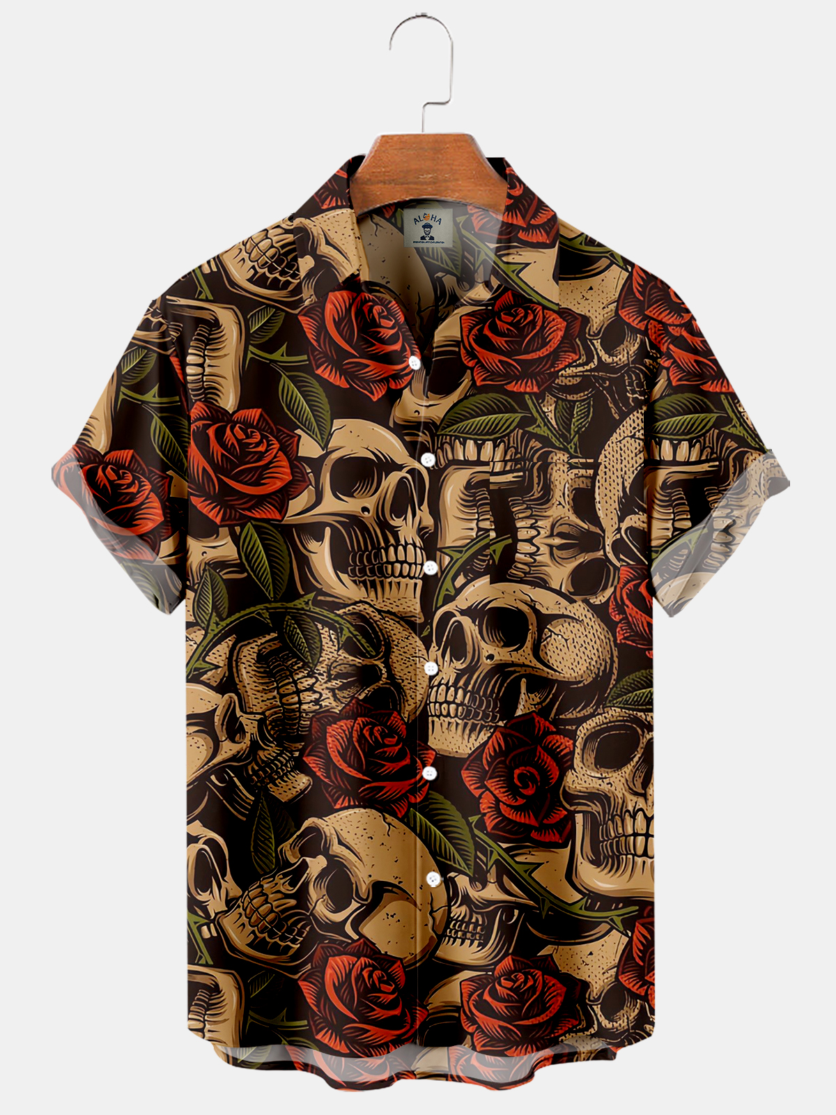 Men's Skull Rose Death Print Pocket Loose Short Sleeve Shirt-Garamode