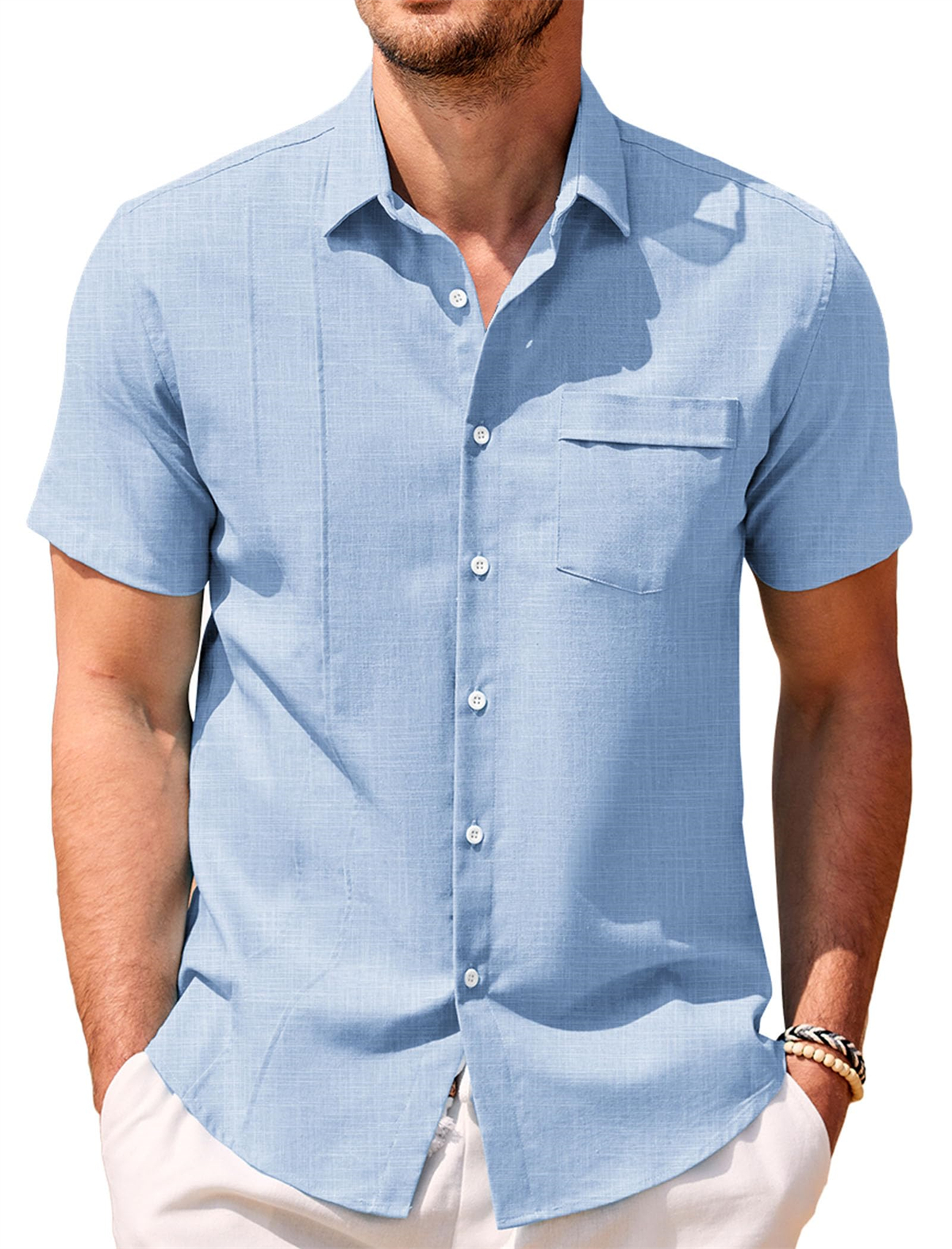 Men's Cotton Linen Ruched Pocket Casual Solid Color Basic Classic Short Sleeve Shirt-Garamode