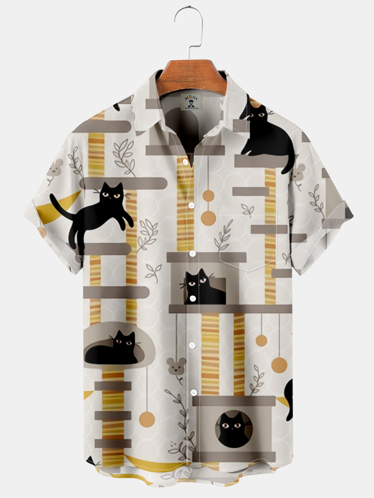 Fun cartoon cat print pocket short-sleeved shirt-Garamode
