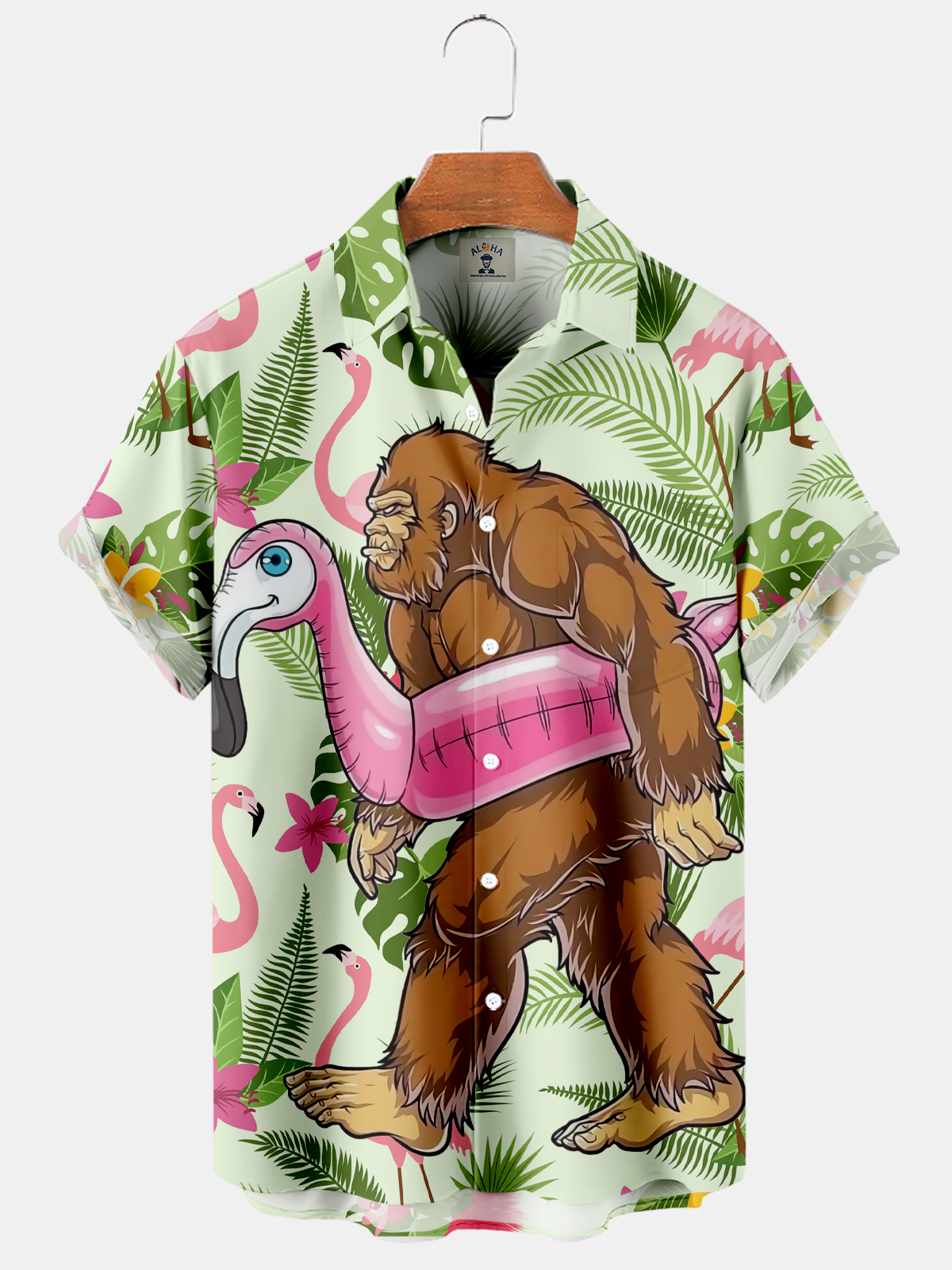 Men's Hawaiian Fun Bigfoot Flamingo Print Short Sleeve Shirt-Garamode