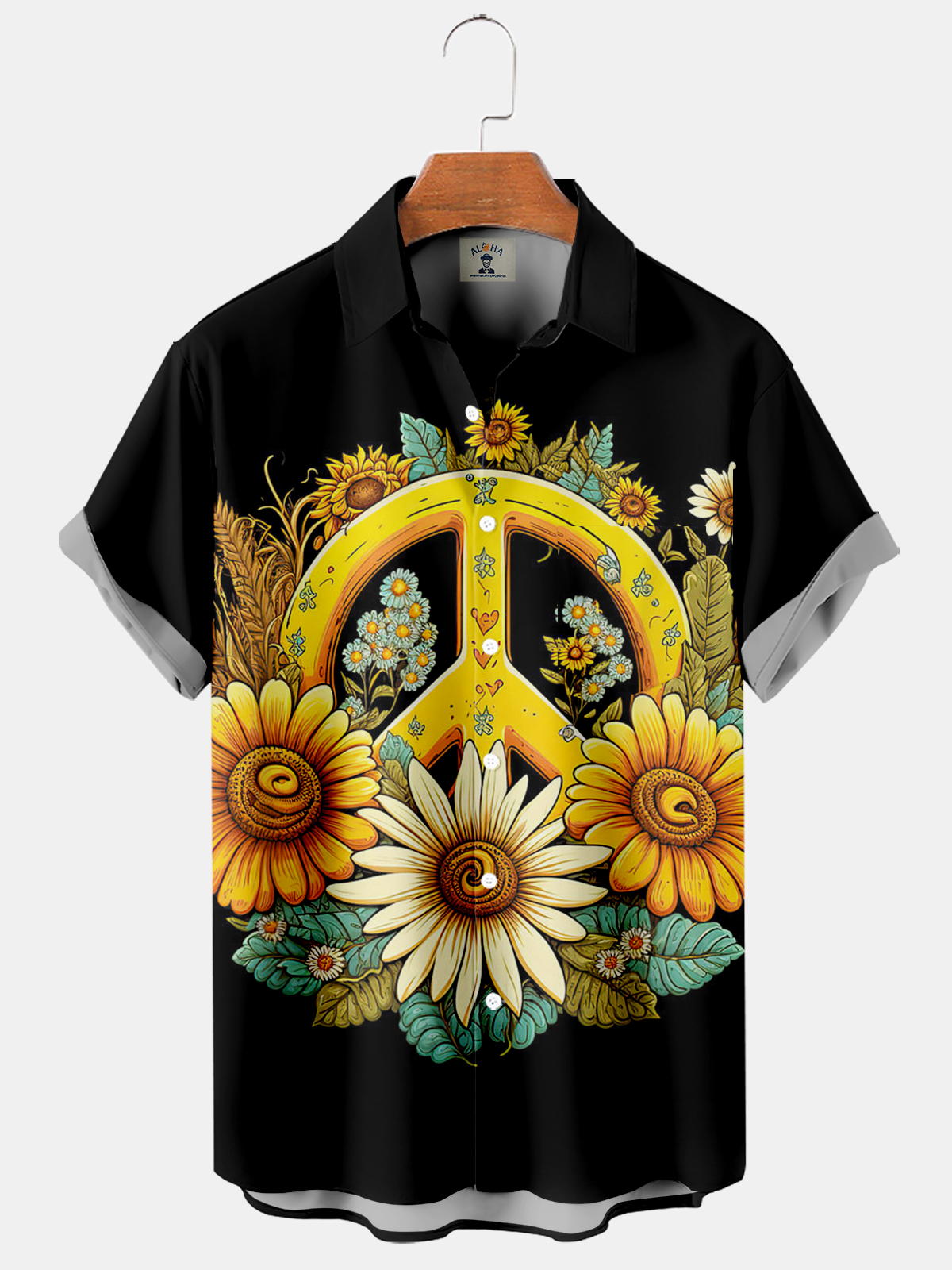 Men's Casual Hawaiian Hippie Peace Sunflower Print Short Sleeve Shirt-Garamode