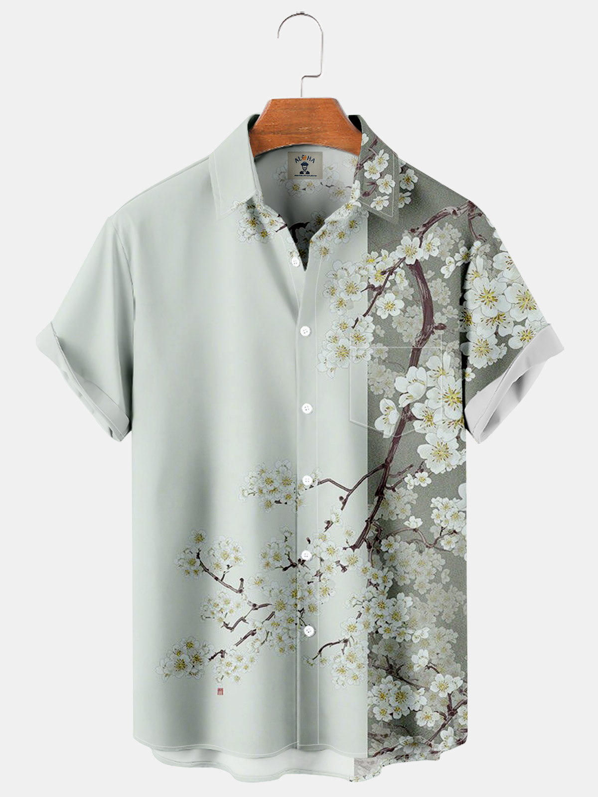 Floral Cherry Blossom Print Pocket Short Sleeve Shirt-Garamode