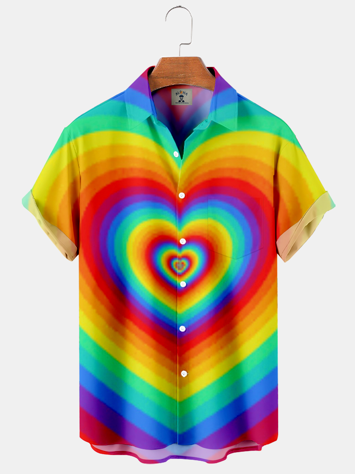 Men's Rainbow Heart Print Dopamine Hawaiian Short Sleeve Shirt-Garamode