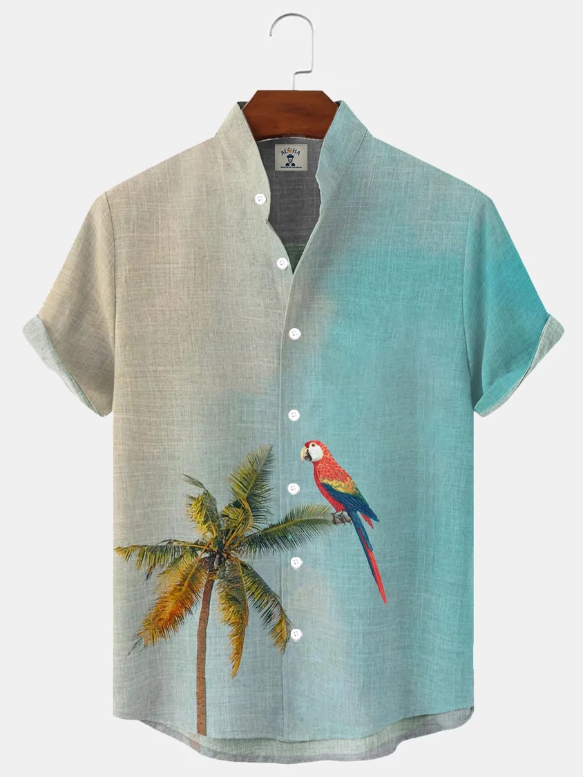 Men's Gradient Parrot Palm Tree Print Stand Collar Short Sleeve Shirt-Garamode