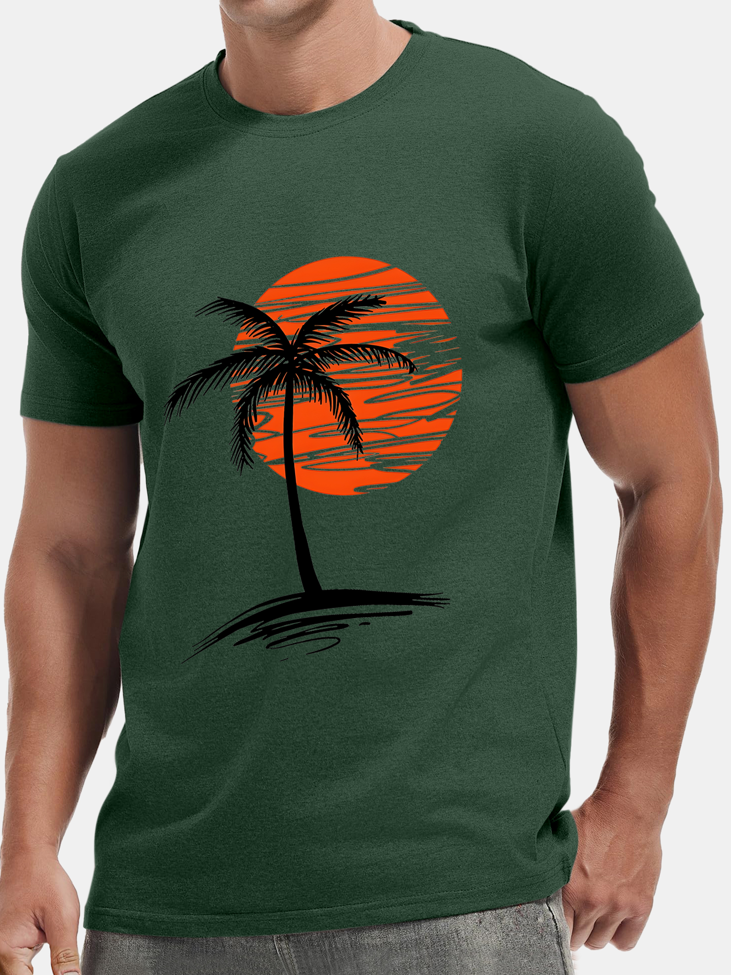 Men's Hawaiian Palm Tree Sunset Cotton Casual Comfortable Loose Short Sleeve T-Shirt