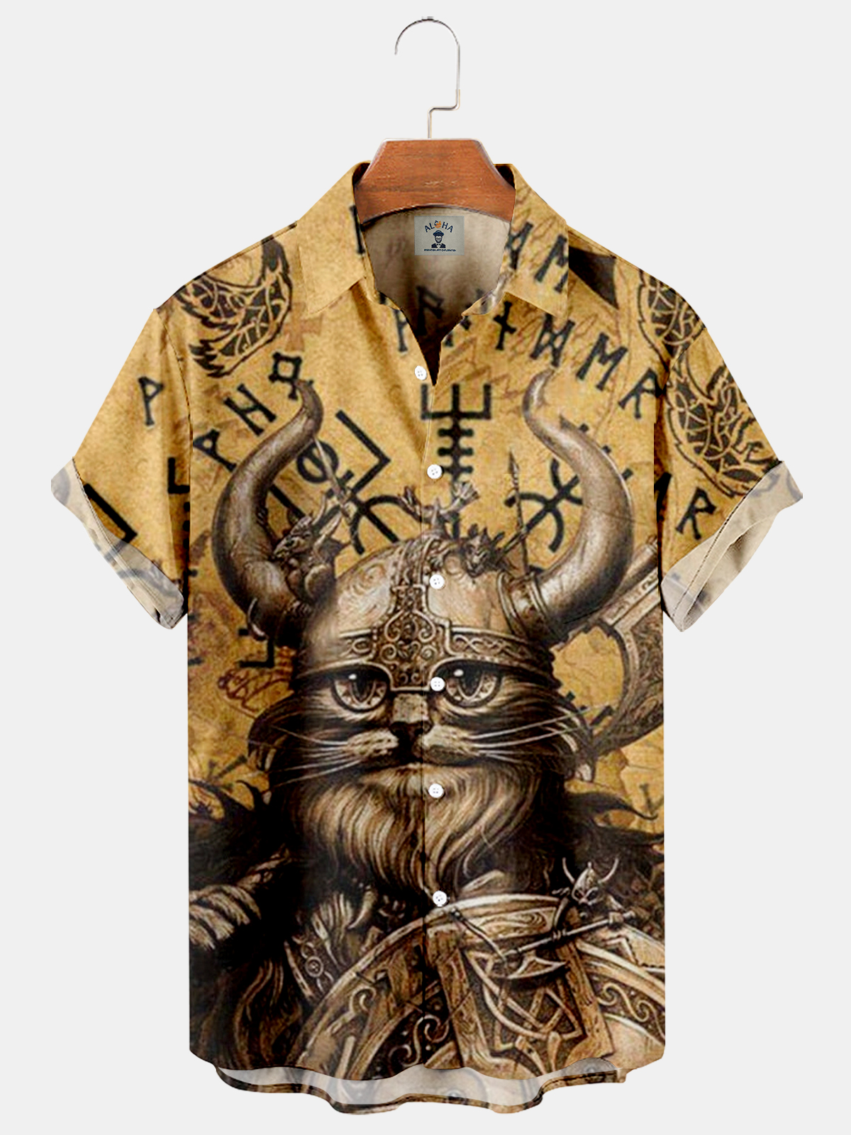 Men's Viking Cat Warrior Print Short Sleeve Shirt-Garamode
