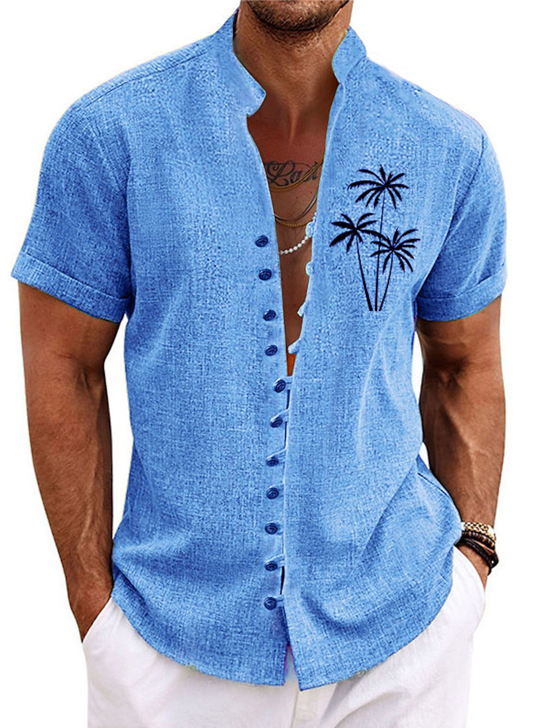 Hawaiian Men's Coconut Print Linen Short Sleeve Shirt