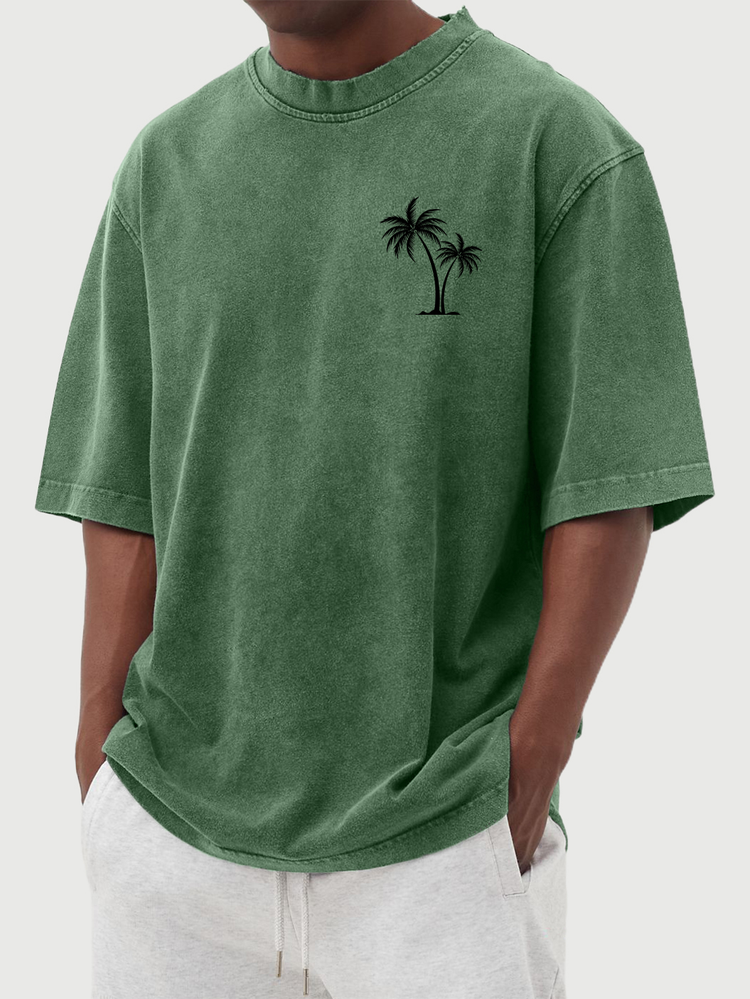  Men's Vintage Washed Cotton Palm Tree Print Short Sleeved Round Neck T-shirts
