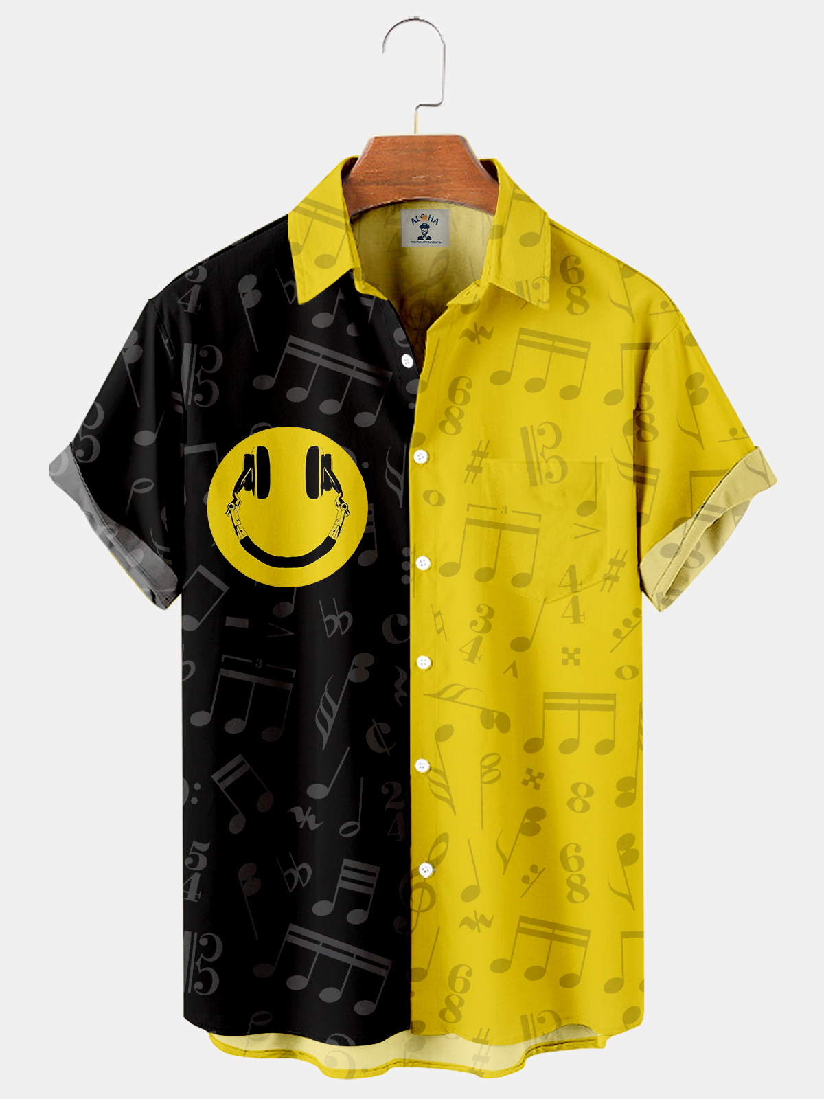 Men's Hawaiian Music Headphones Smiley Print Casual Loose Oversized Short Sleeve Shirt-Garamode