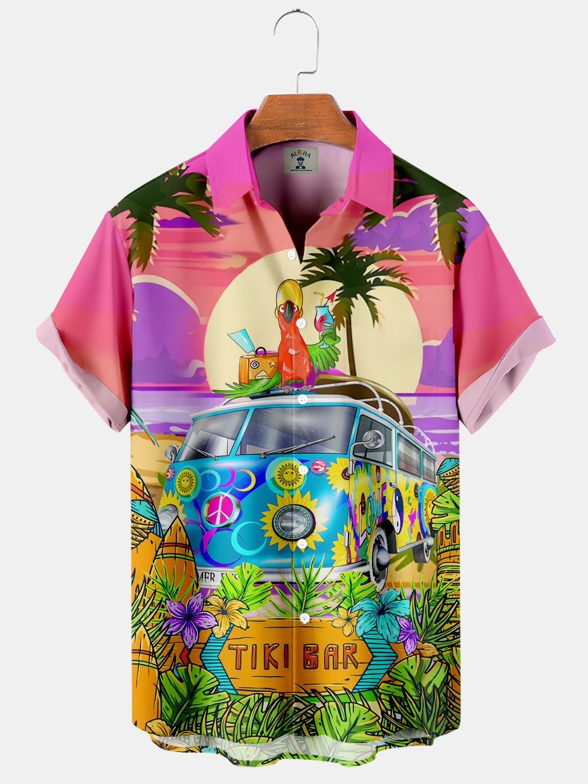 Men's casual Hawaiian bus TIKI BAR seaside print short-sleeved shirt-Garamode
