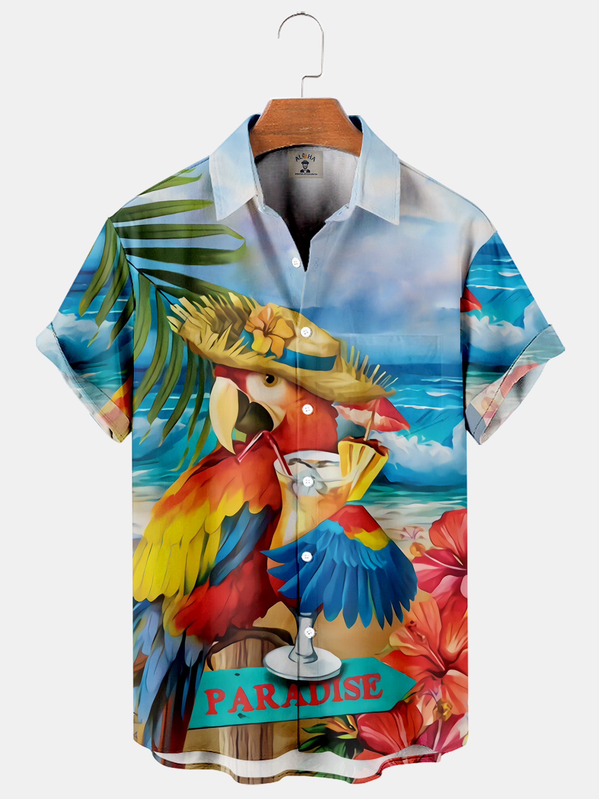 Parrot And Wine Glass Casual Loose Men's Plus Size Short-Sleeved Shirt-Garamode