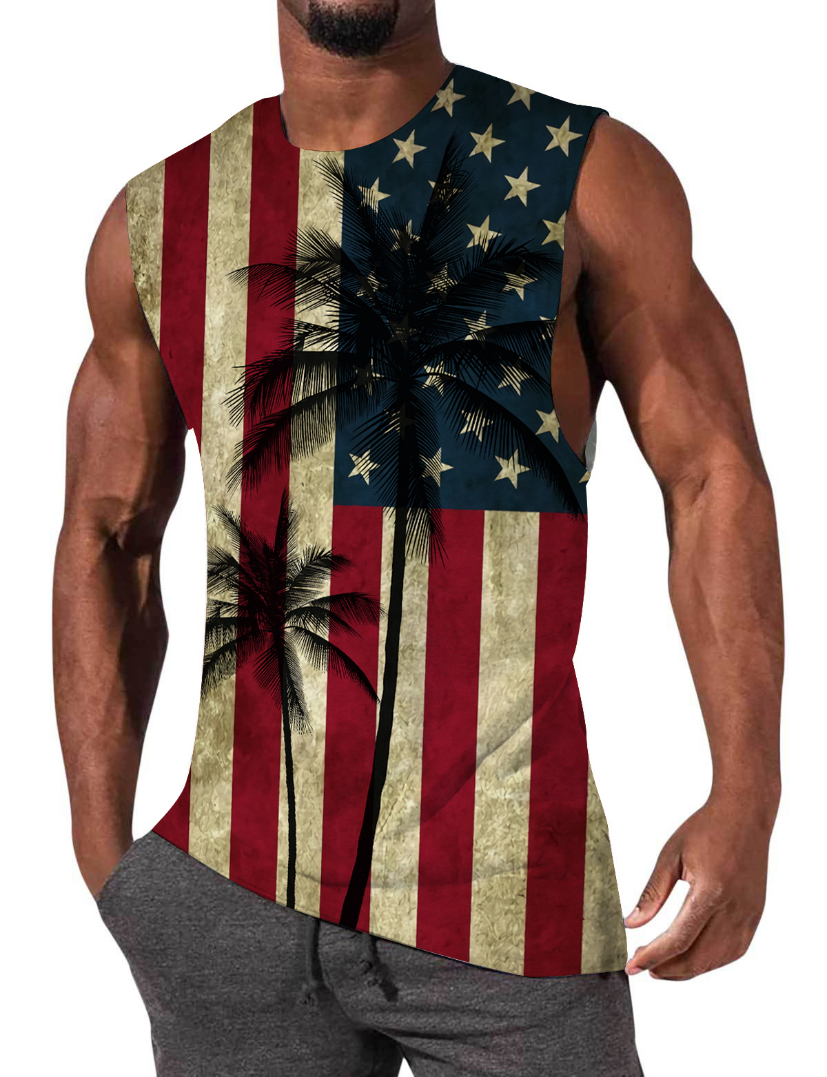 Men's Coco   Hawaiian  Vintage  American Flag Print Sleeveless  T-Shirt-Garamode