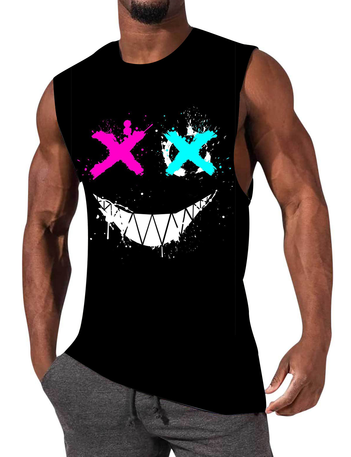 Men's Fun Sporty Smiley Print Sleeveless T-Shirt-Garamode