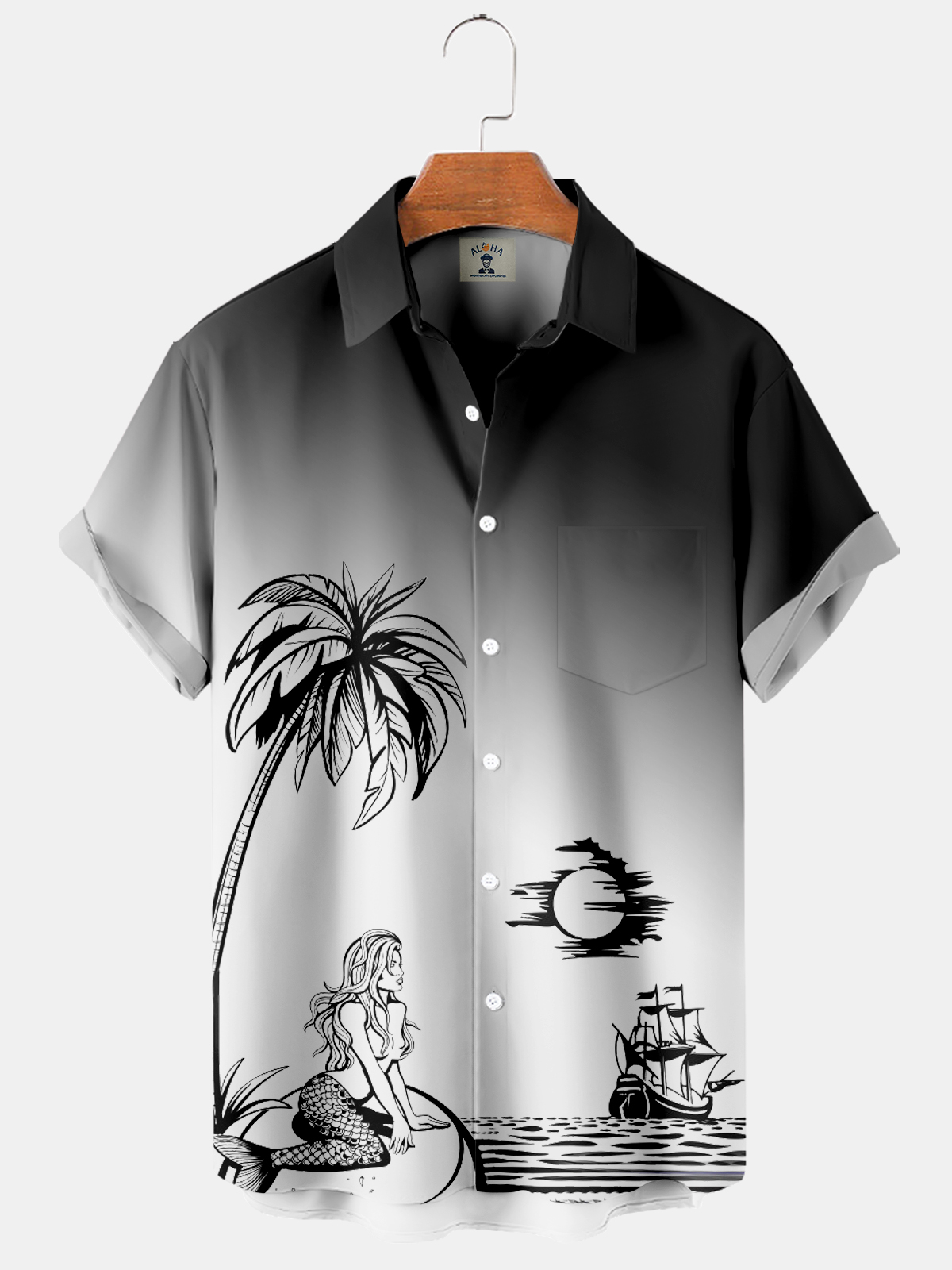 Men's Hawaiian Gradient Coastal Mermaid Print Short Sleeve Shirt-Garamode