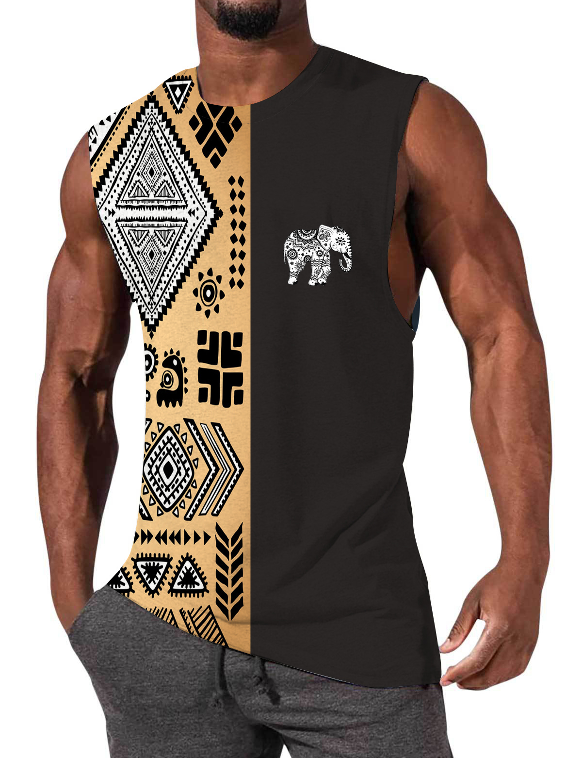 Men's Hawaiian Vintage Ethnic Print Short Sleeve Pocket Tank Top-Garamode