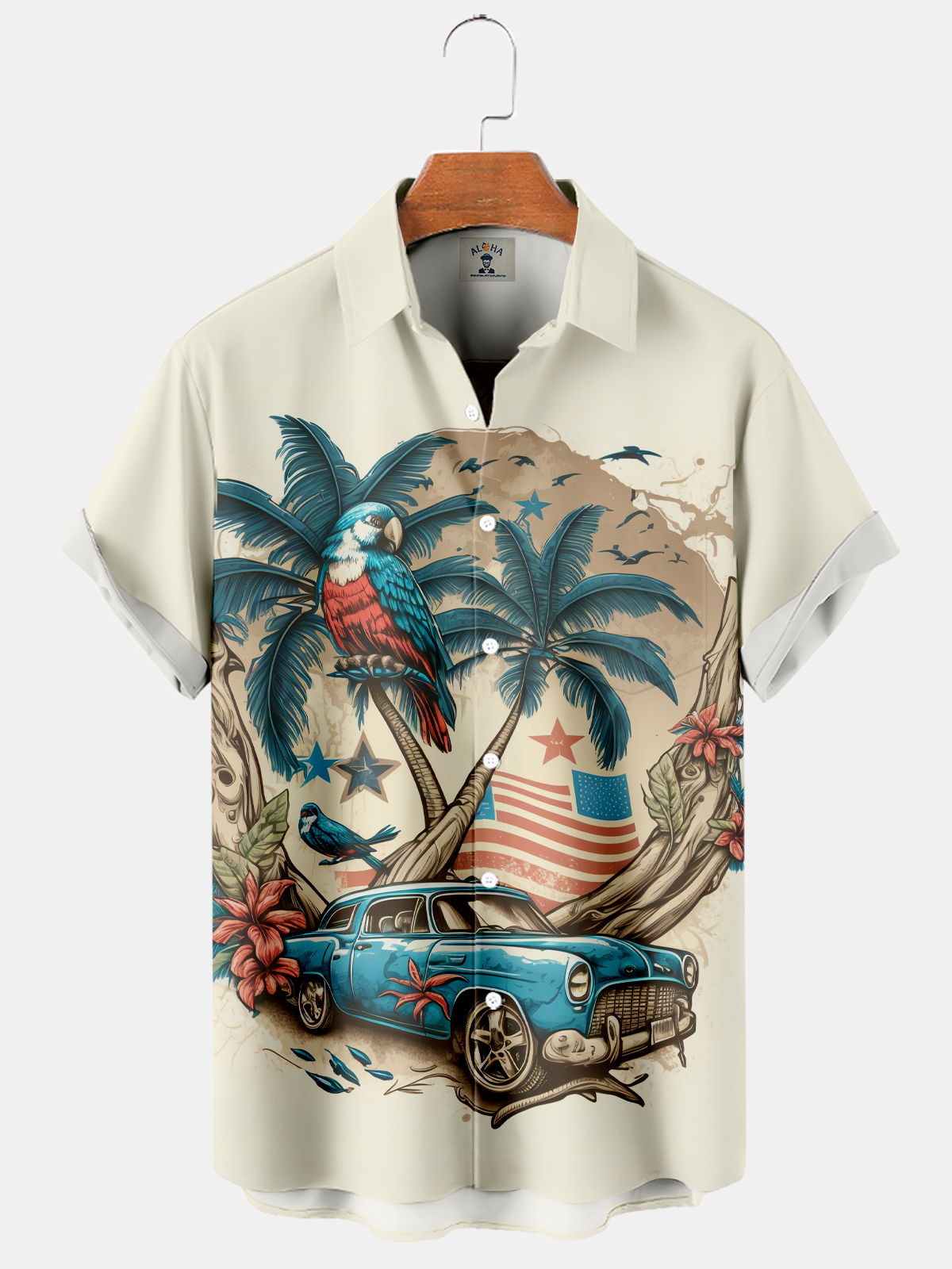 Men's Vintage Flag Parrot Car Coco Print Short Sleeve Shirt-Garamode