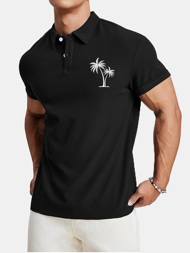 Men's simple coconut tree solid color Hawaiian casual short-sleeved POLO shirt-Garamode