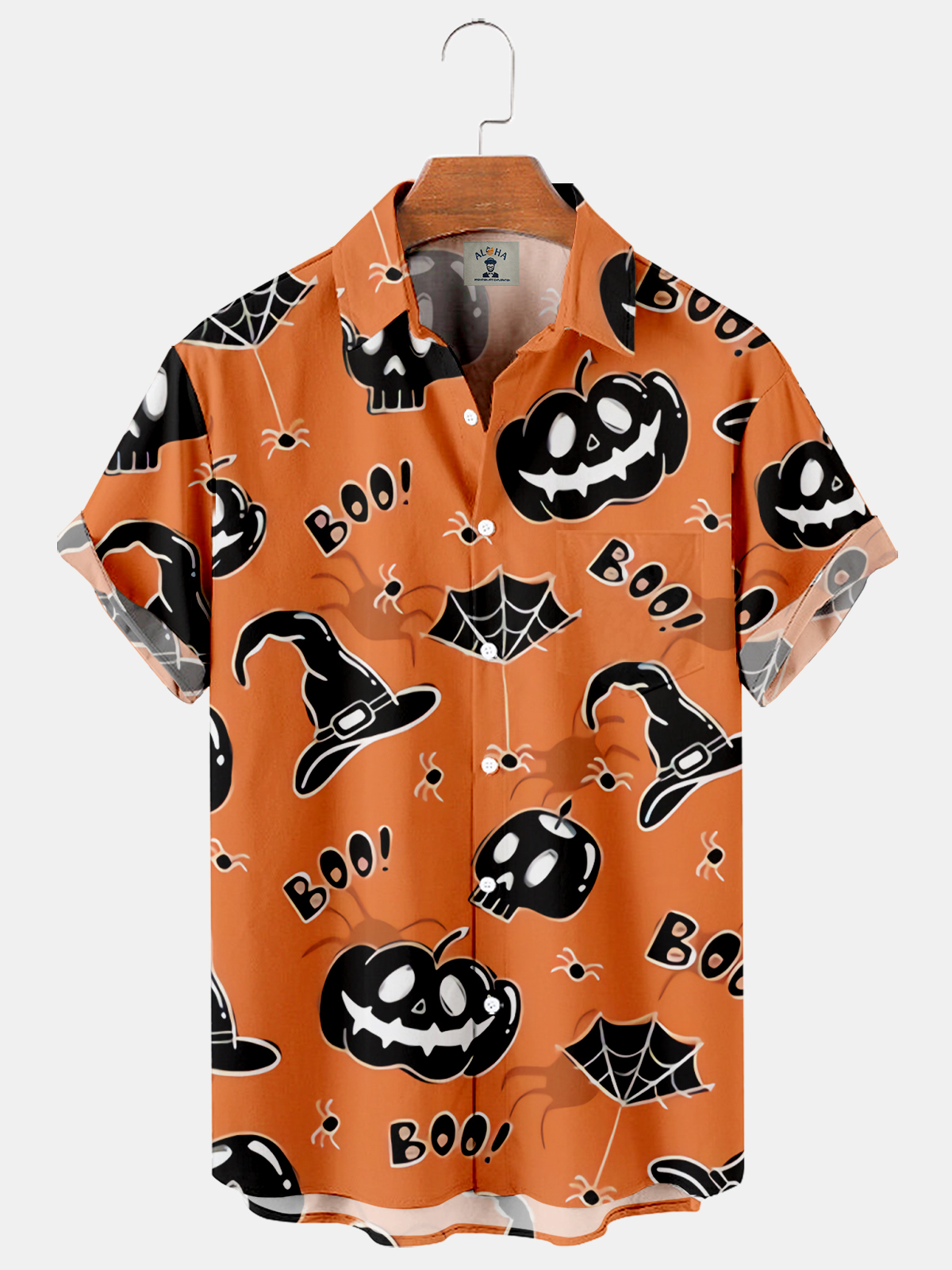 Men's Halloween Fun Pumpkin Hat Print Casual Loose Oversized Short Sleeve Shirt-Garamode