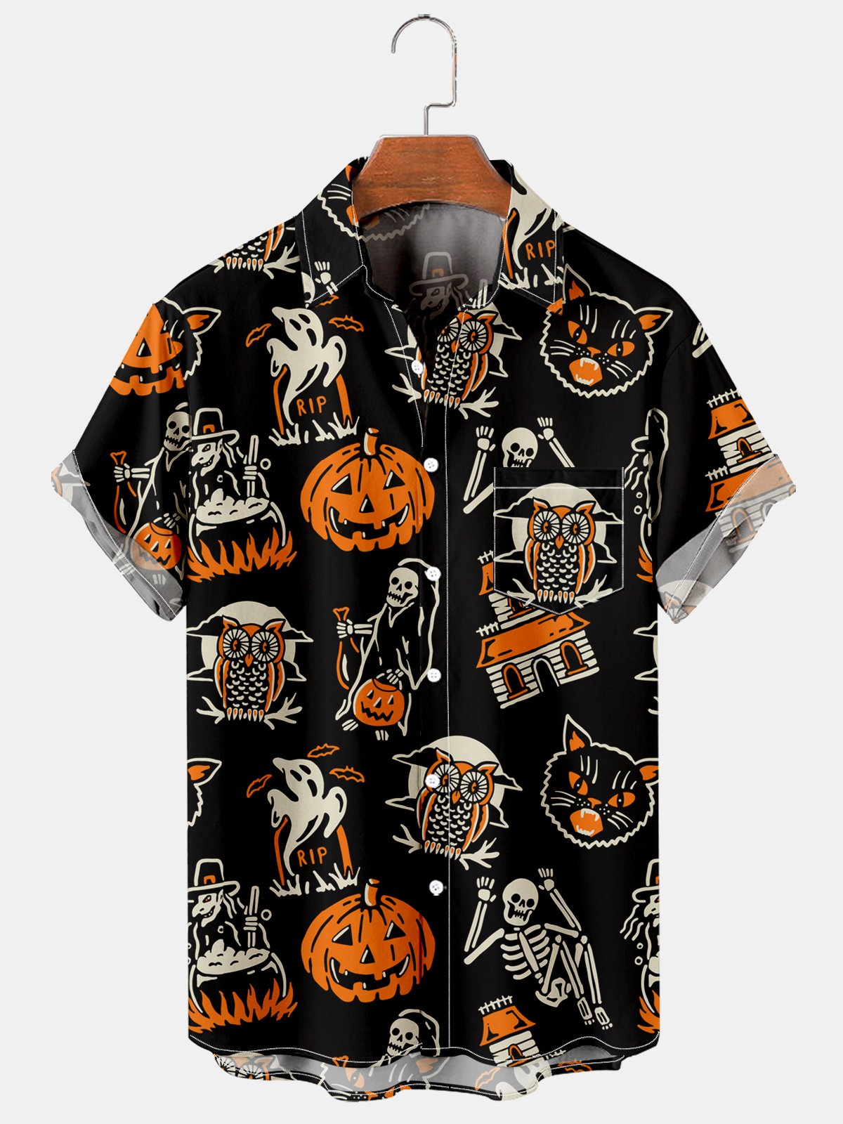 Men's Halloween Fun Pumpkin Ghost Owl Print Short Sleeve Shirt-Garamode