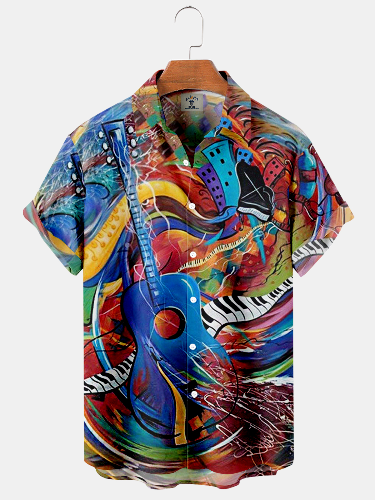 Hawaiian Oil Painting Guitar Piano Print Pocket Short Sleeve Shirt-Garamode